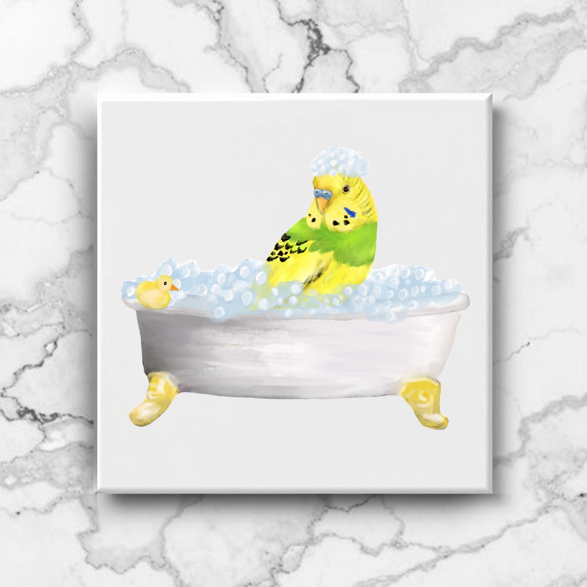 Green Budgie Bubble Bath Ceramic Tile – Whimsical Bird Lover Decor - MerikaArt