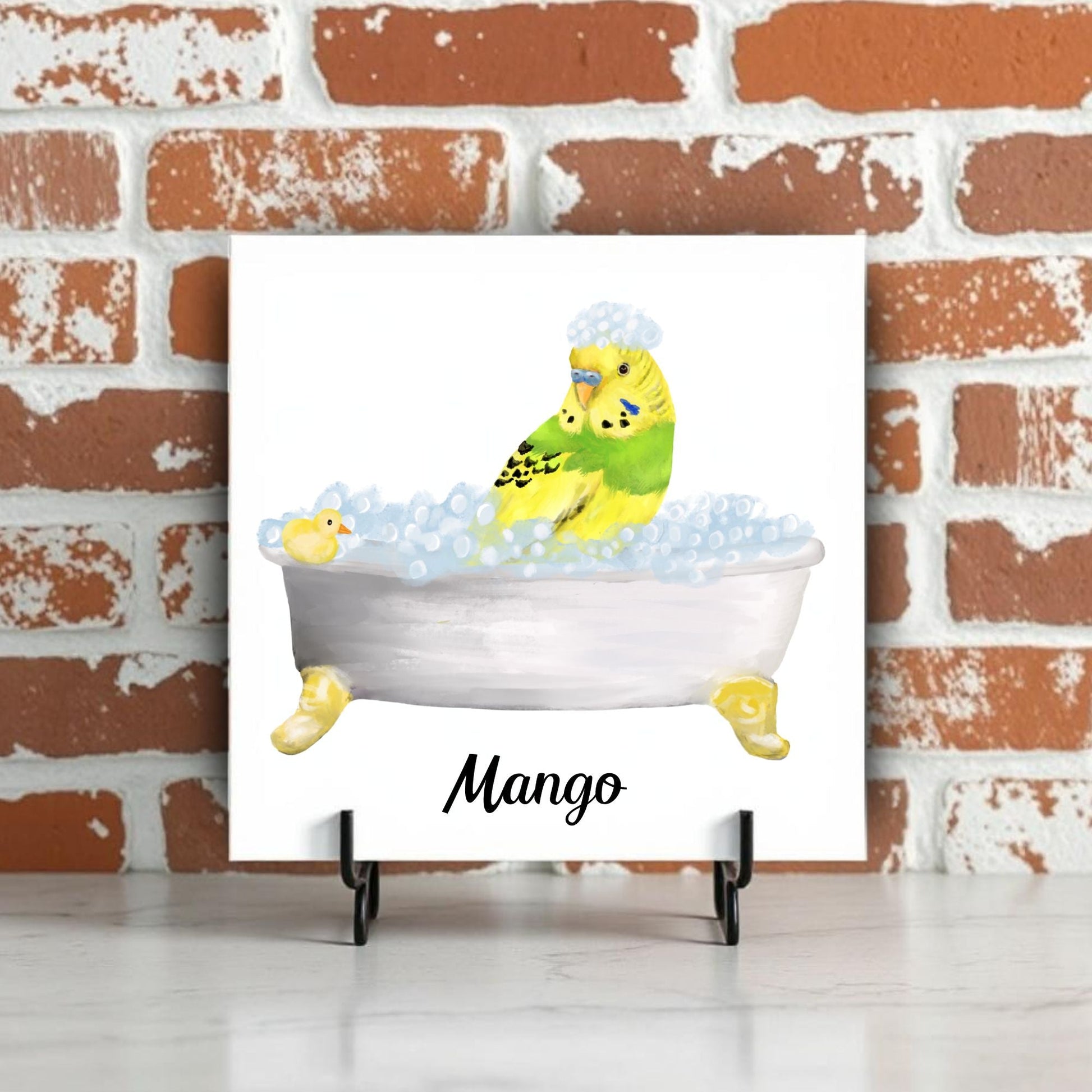 Green Budgie Bubble Bath Ceramic Tile – Whimsical Bird Lover Decor - MerikaArt