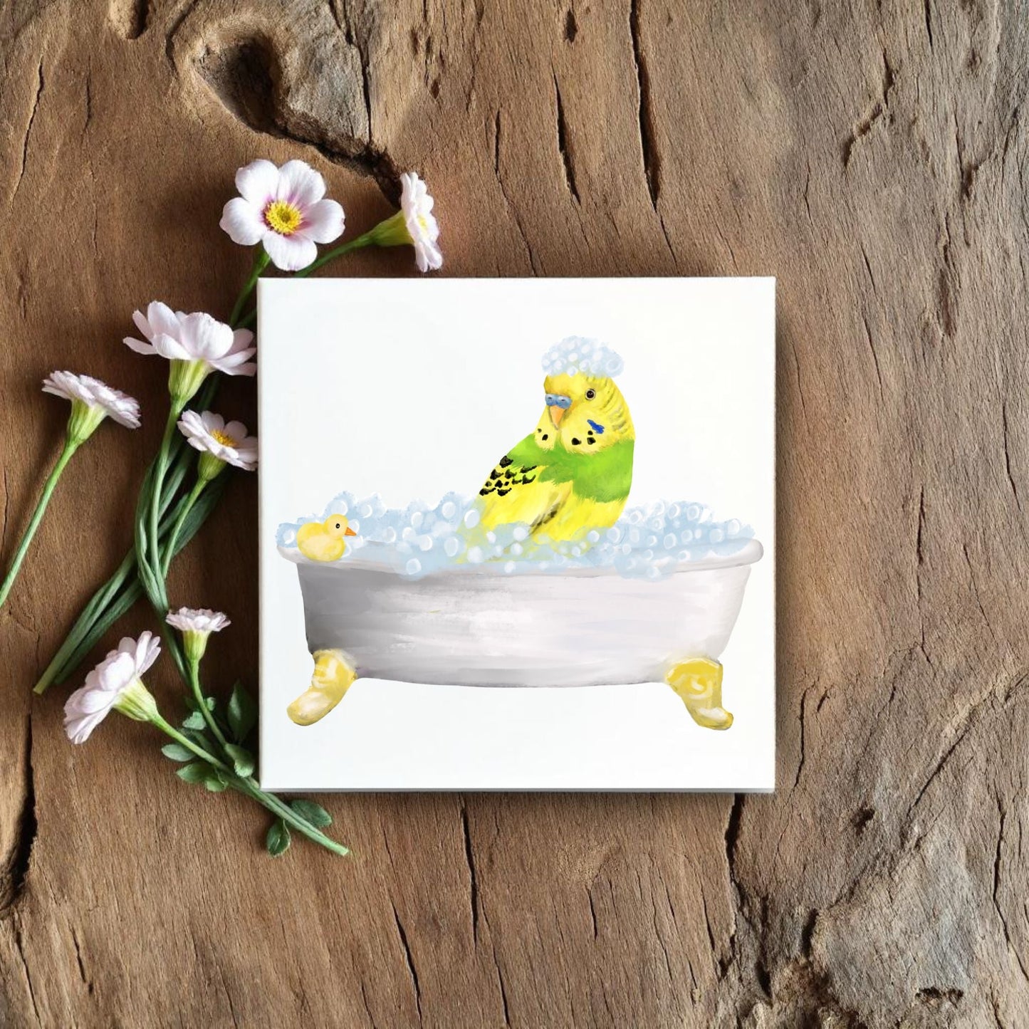 Green Budgie Bubble Bath Ceramic Tile – Whimsical Bird Lover Decor - MerikaArt