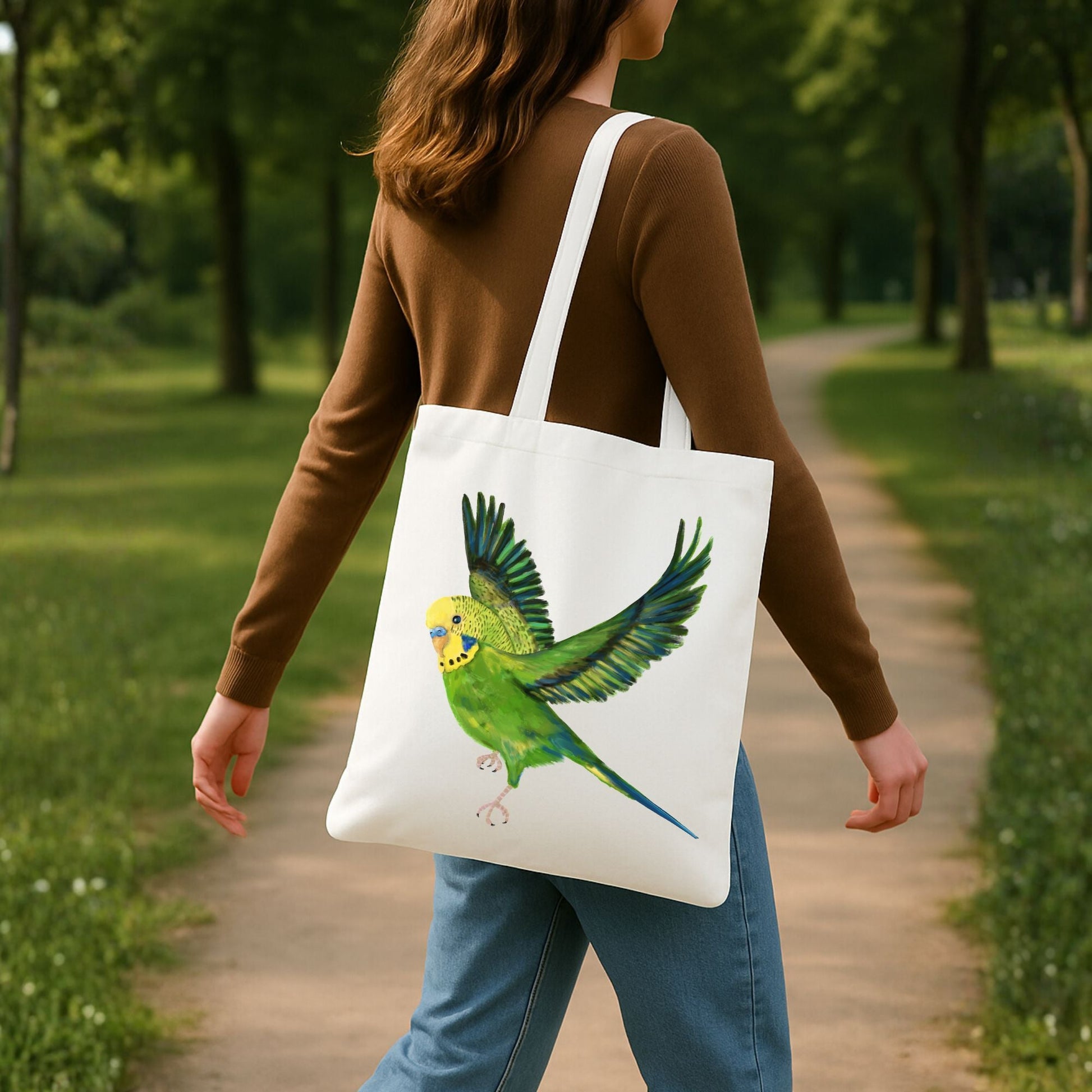 Green Budgie Canvas Tote Bag - MerikaArt