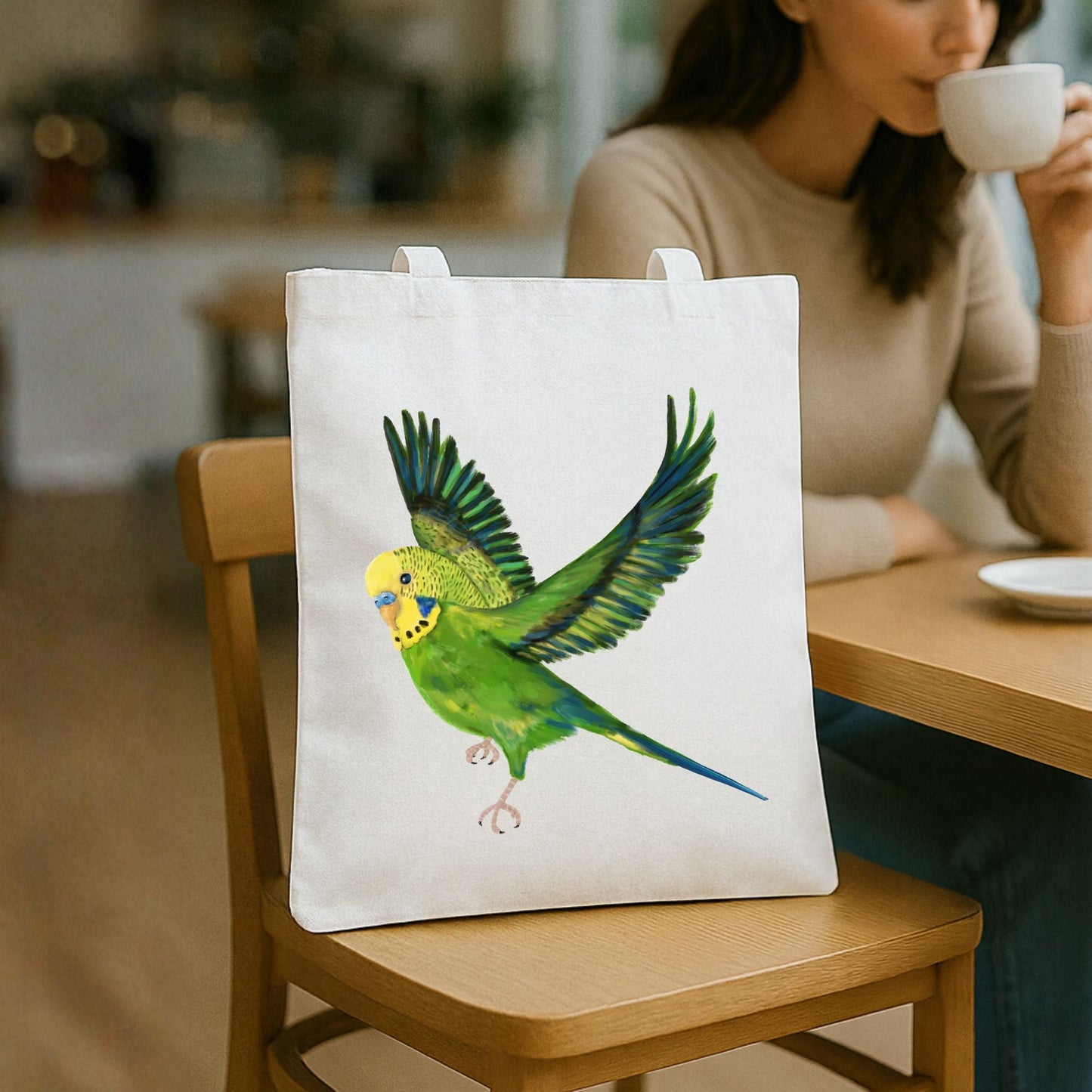 Green Budgie Canvas Tote Bag - MerikaArt