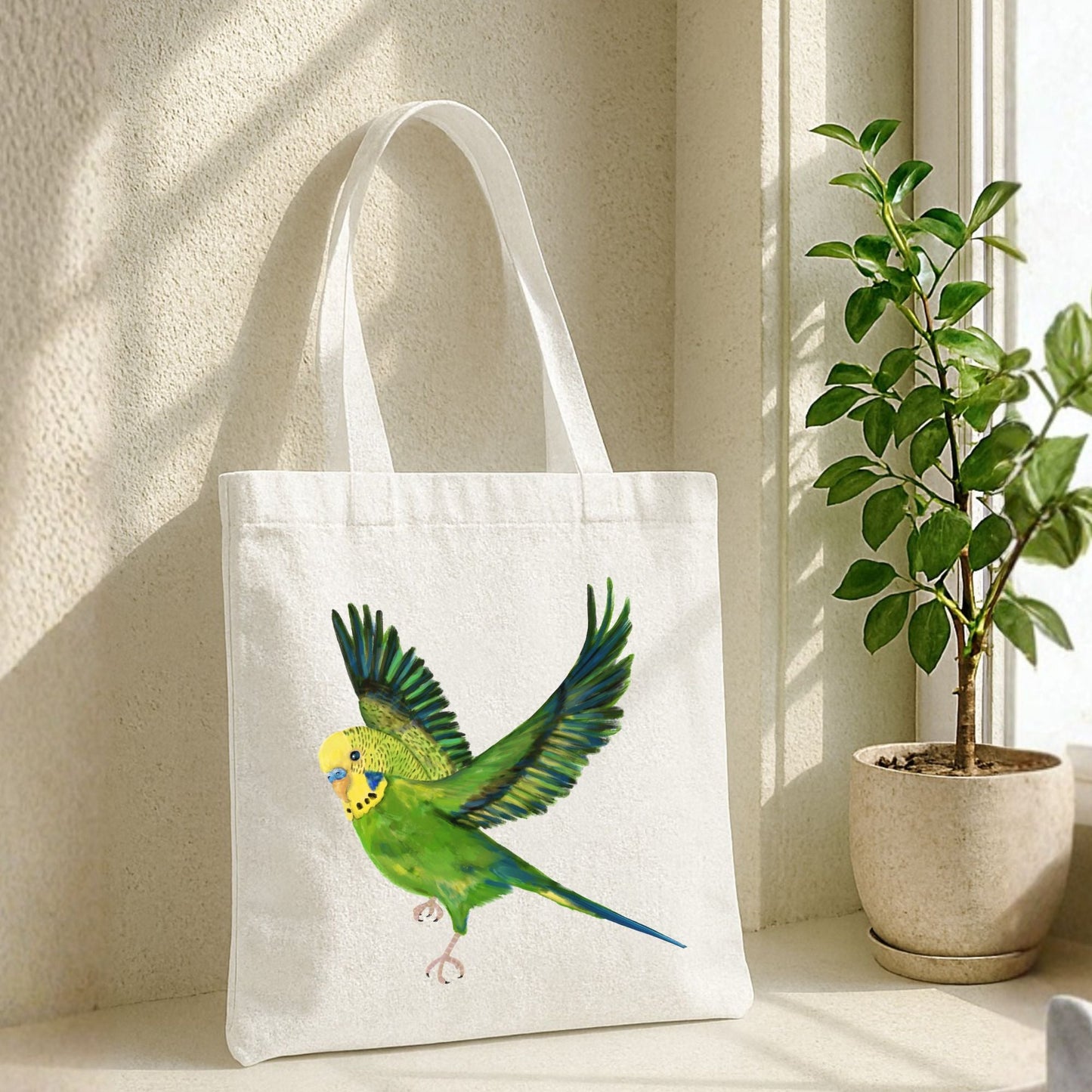 Green Budgie Canvas Tote Bag - MerikaArt