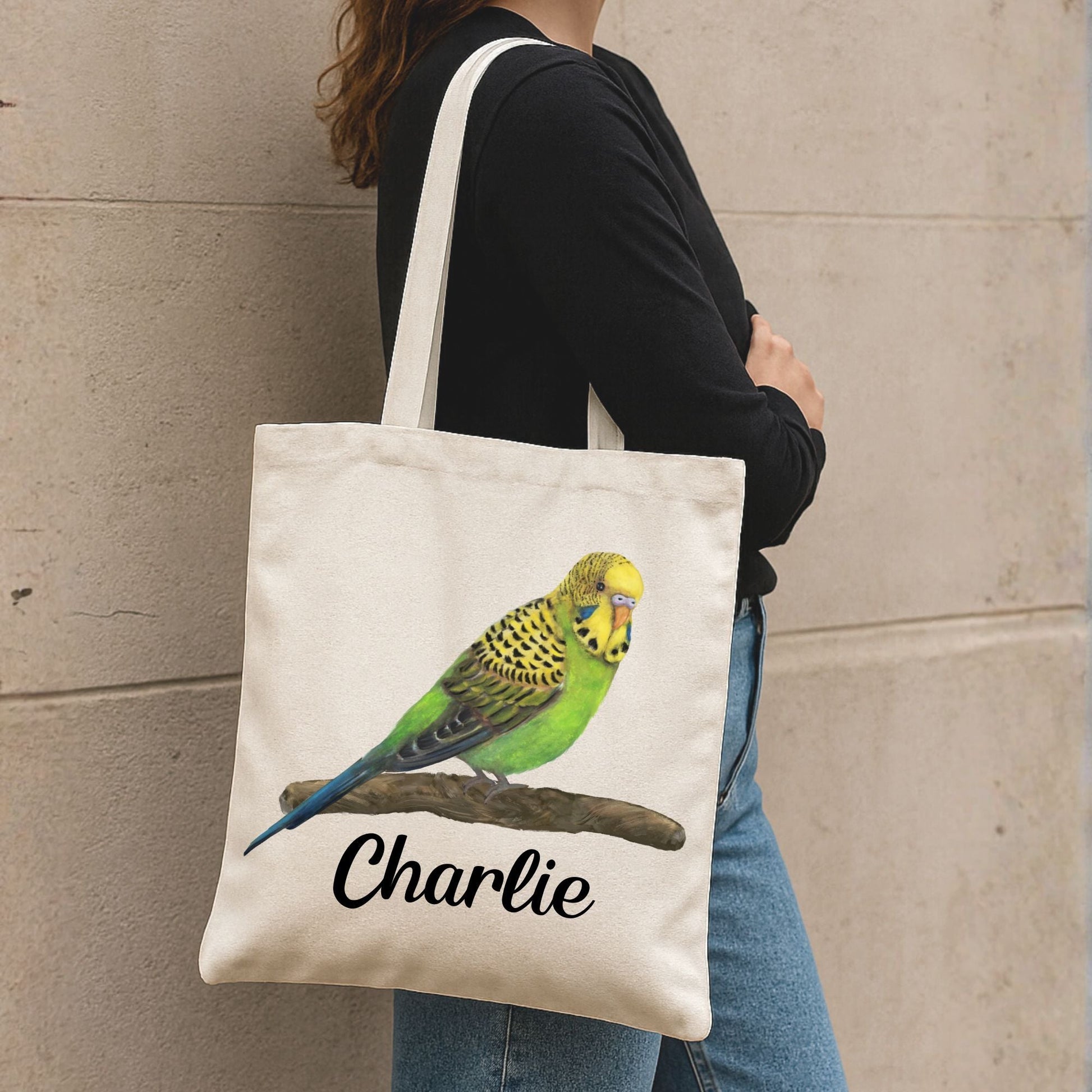 Green Budgie Canvas Tote Bag – Cute Parakeet Illustration - MerikaArt