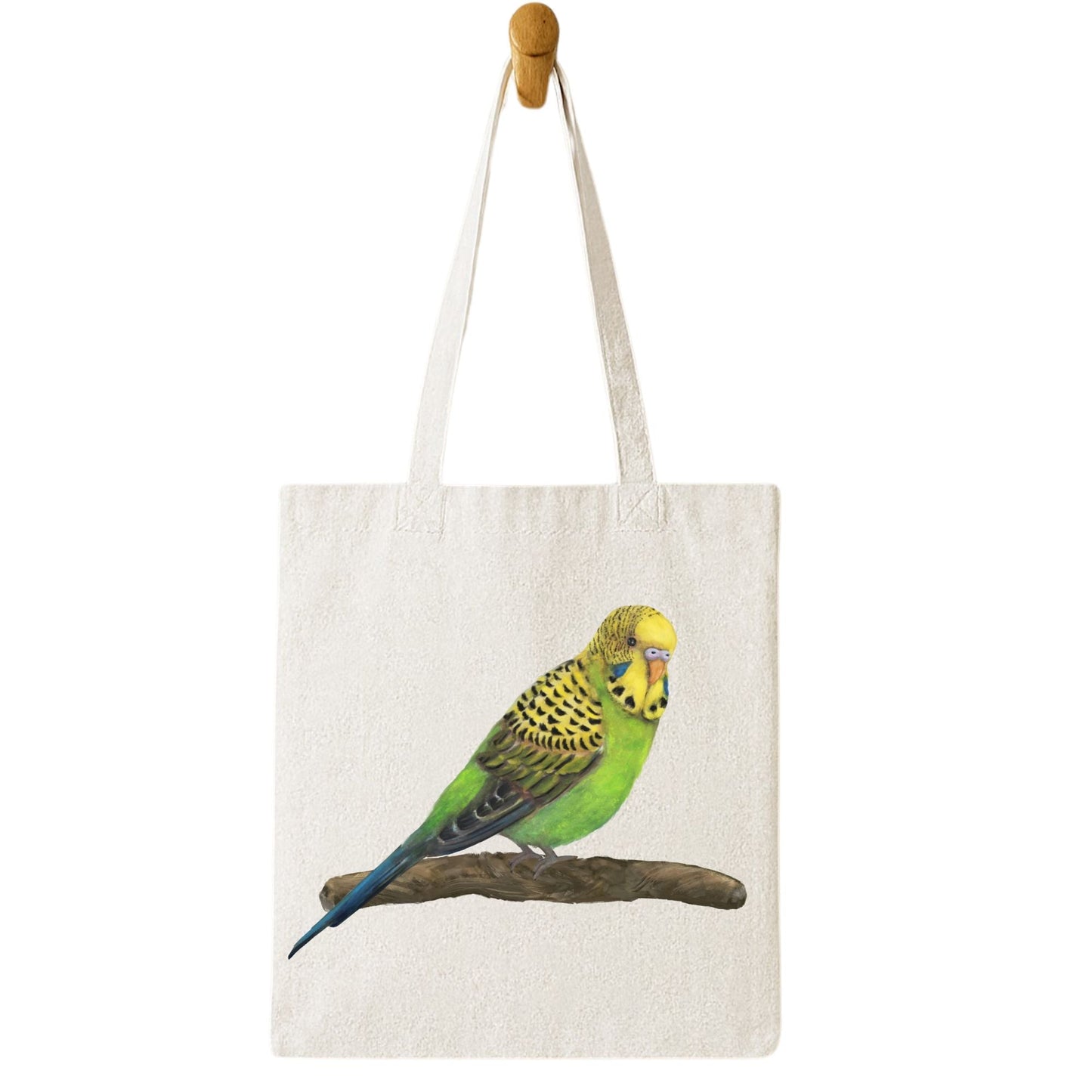 Green Budgie Canvas Tote Bag – Cute Parakeet Illustration - MerikaArt