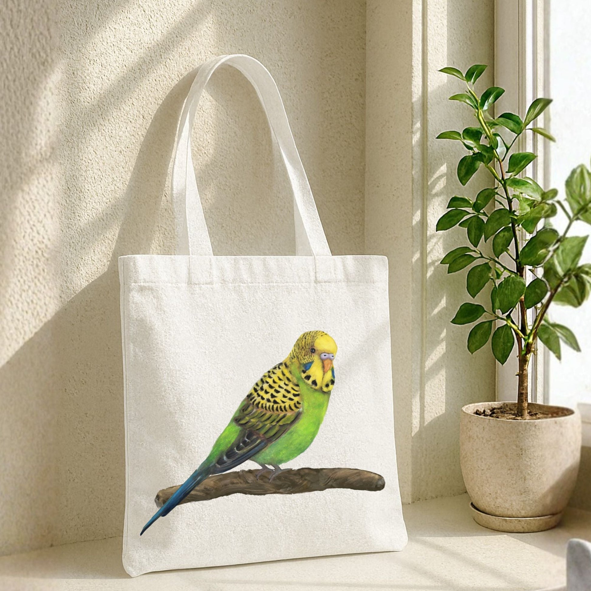 Green Budgie Canvas Tote Bag – Cute Parakeet Illustration - MerikaArt