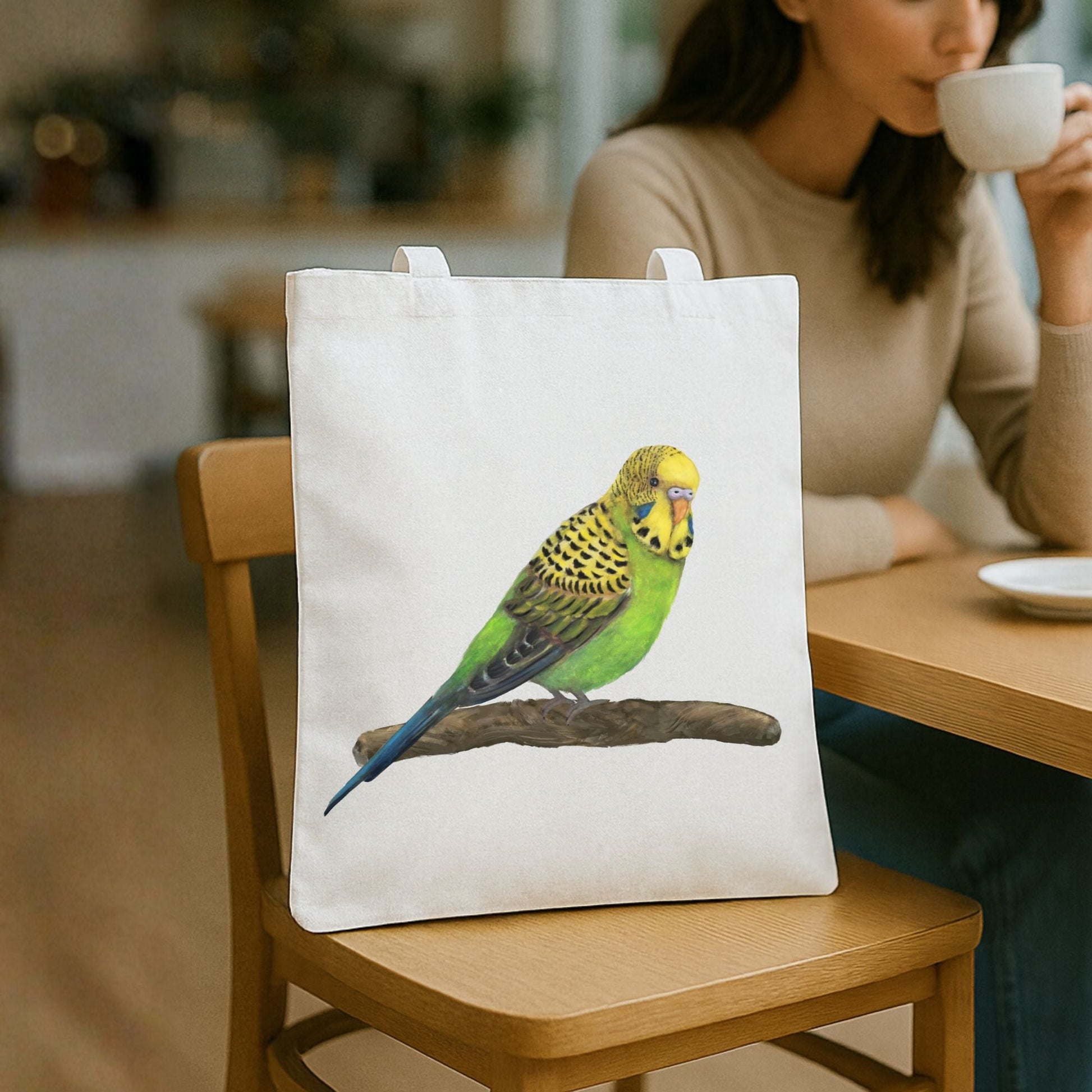 Green Budgie Canvas Tote Bag – Cute Parakeet Illustration - MerikaArt