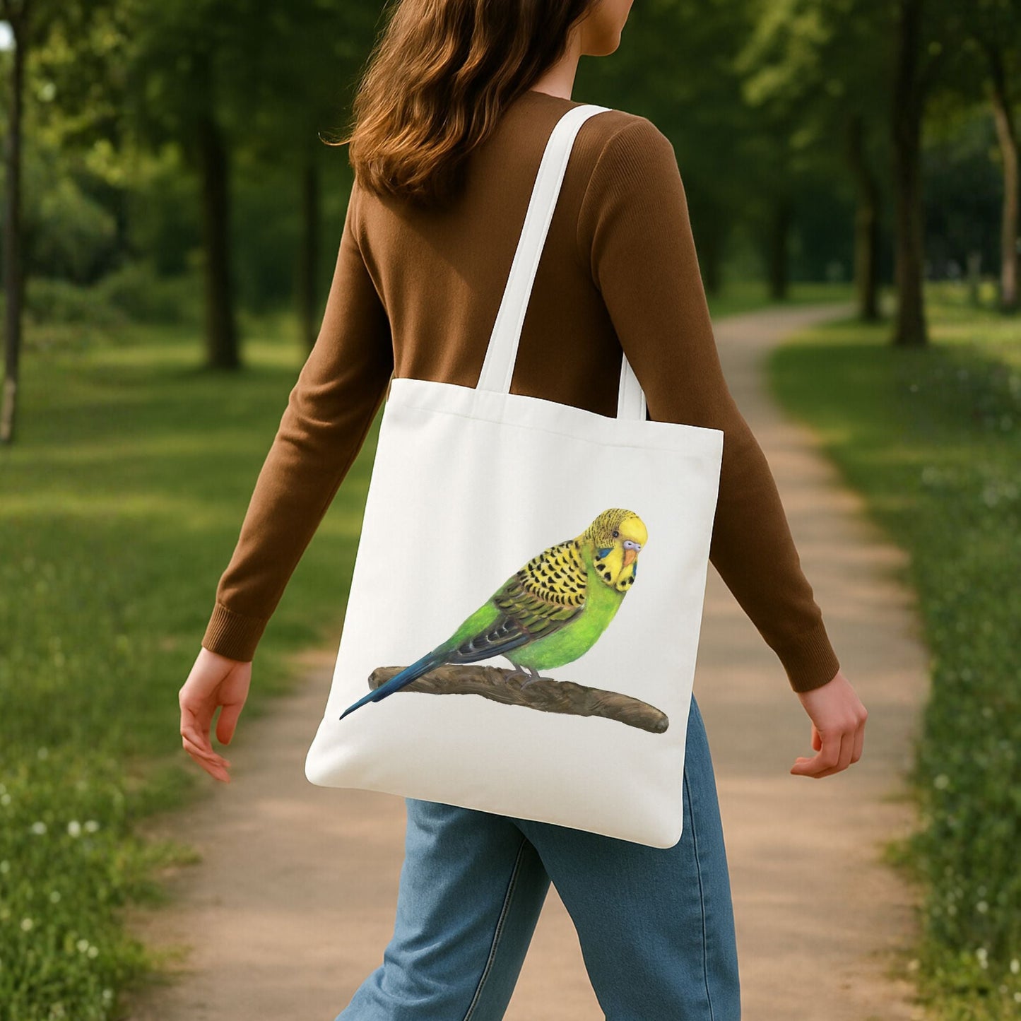 Green Budgie Canvas Tote Bag – Cute Parakeet Illustration - MerikaArt