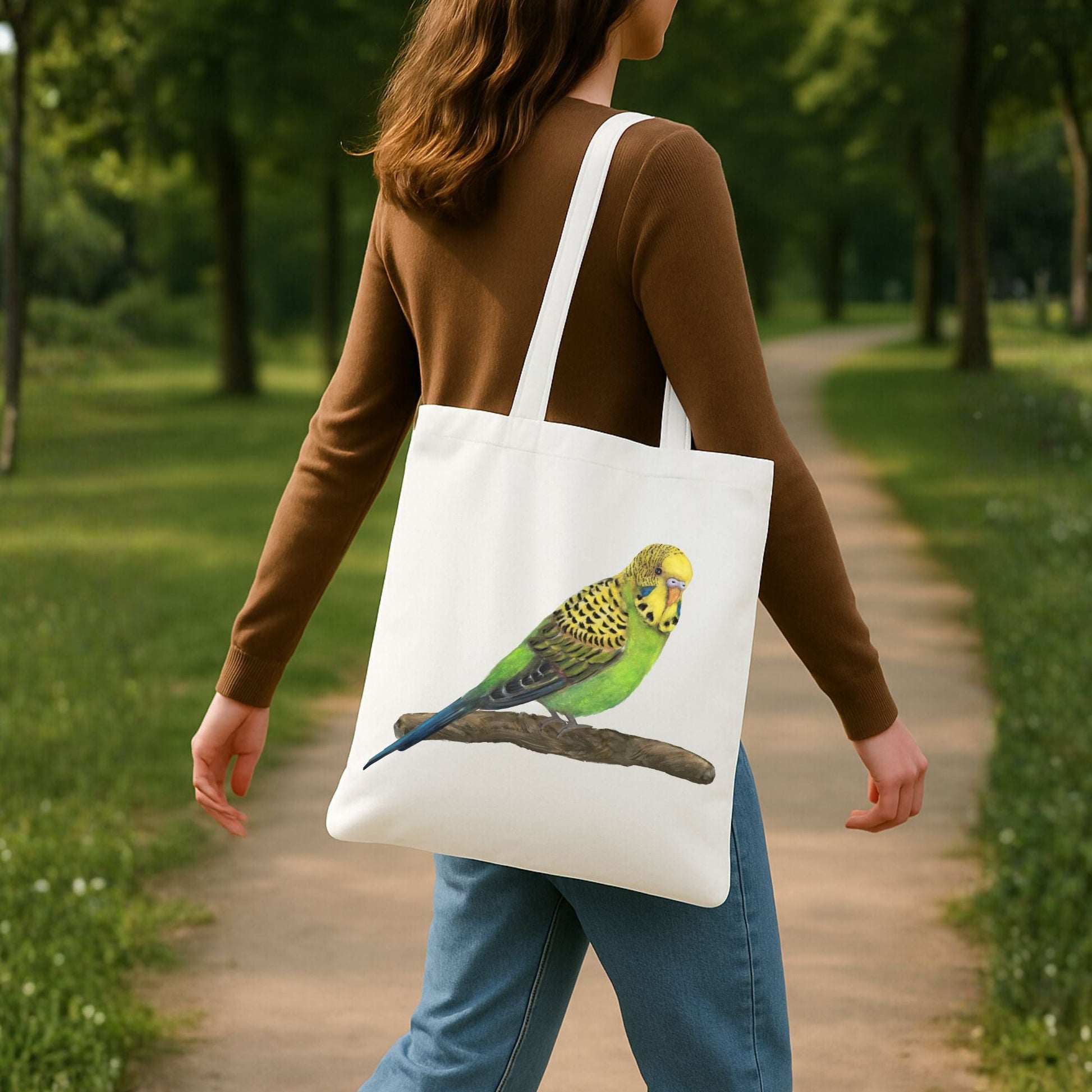 Green Budgie Canvas Tote Bag – Cute Parakeet Illustration - MerikaArt