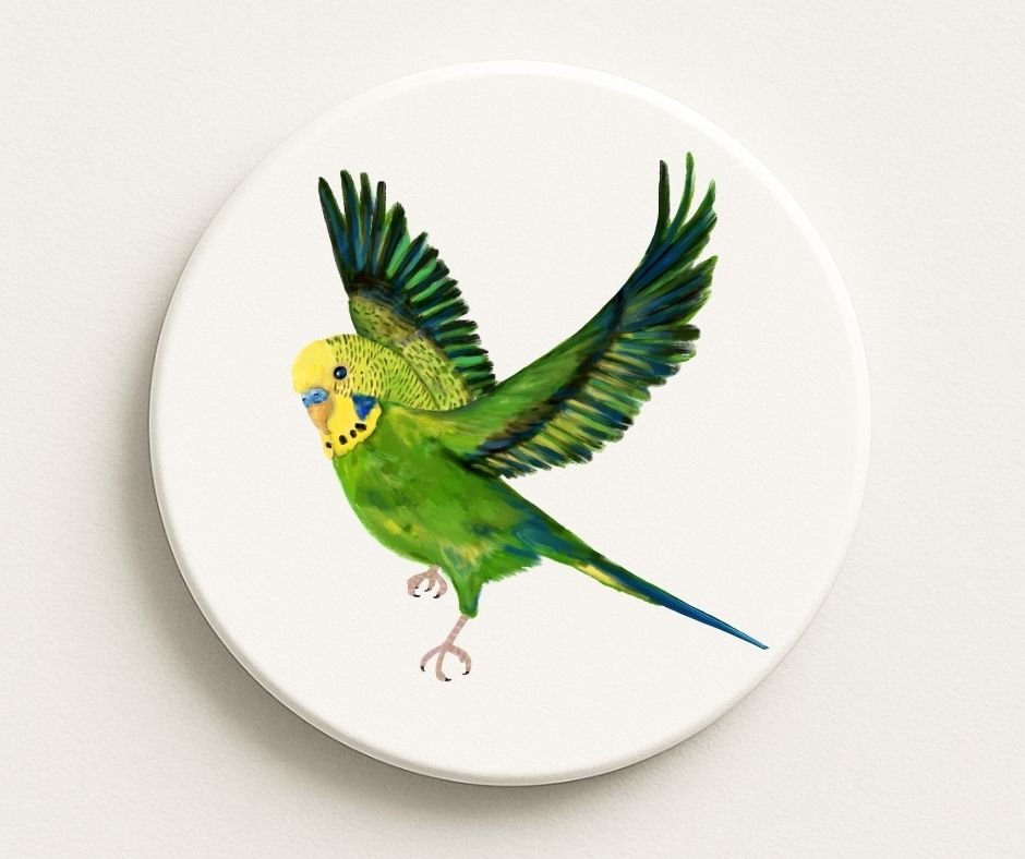 Green Budgie Ceramic Coaster - MerikaArt