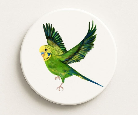 Green Budgie Ceramic Coaster - MerikaArt