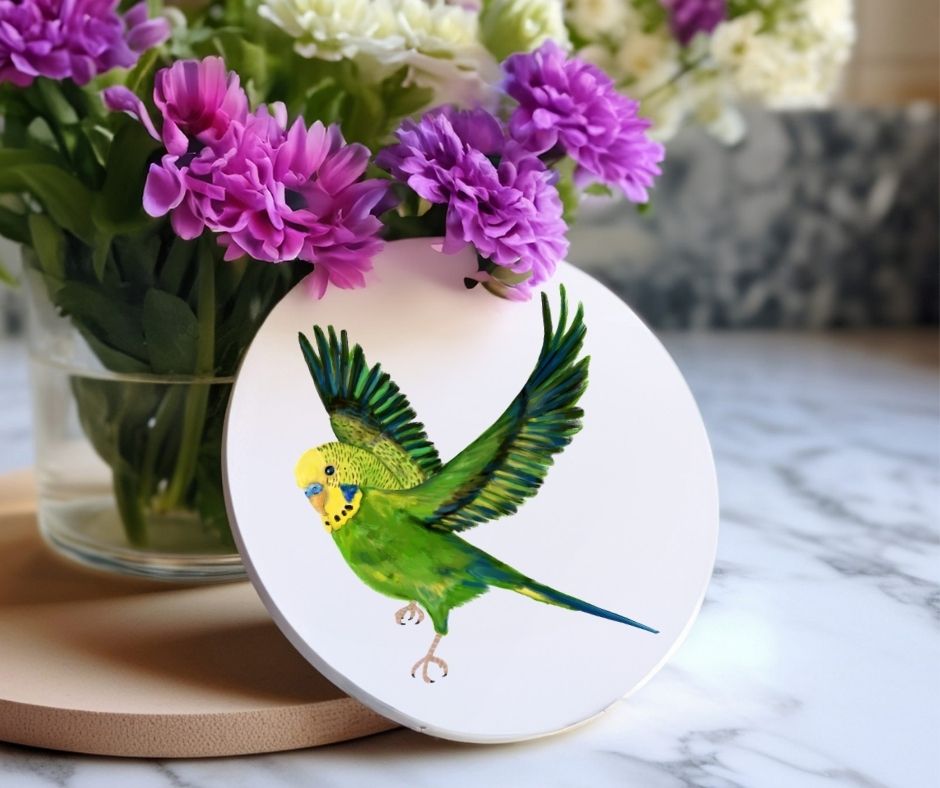 Green Budgie Ceramic Coaster - MerikaArt