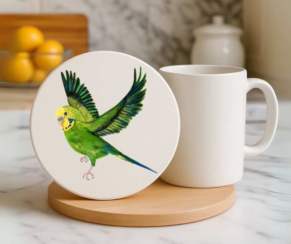 Green Budgie Ceramic Coaster - MerikaArt