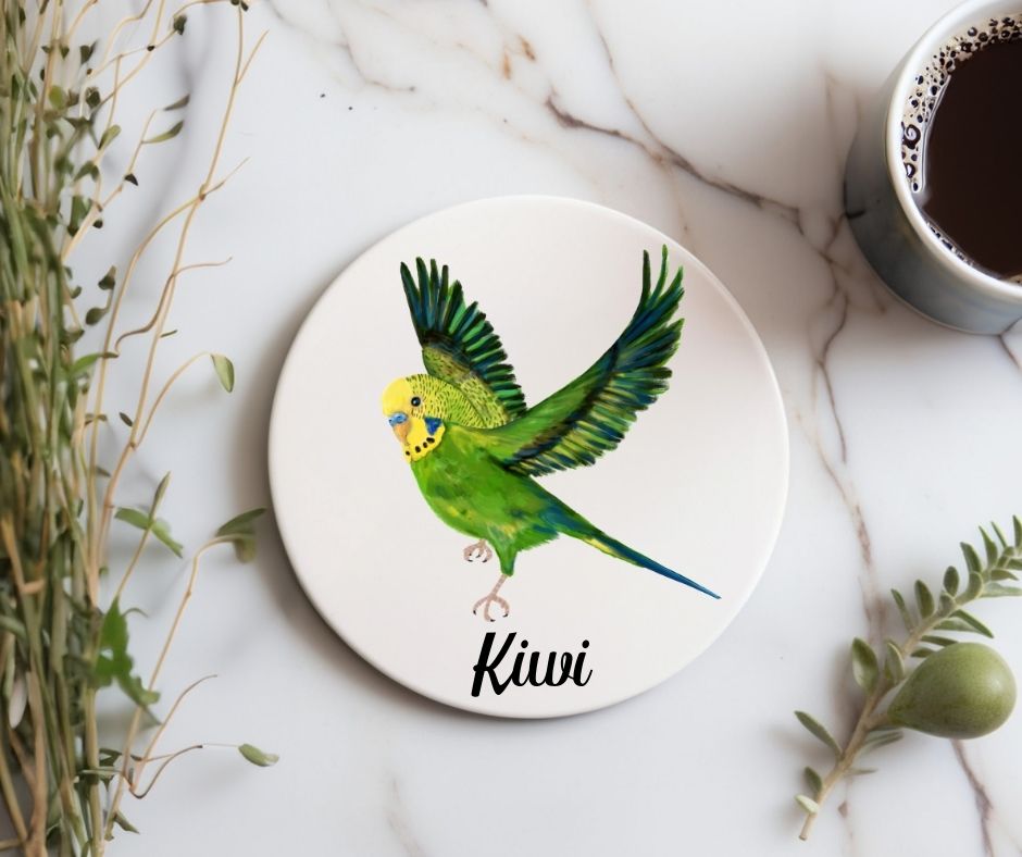 Green Budgie Ceramic Coaster - MerikaArt