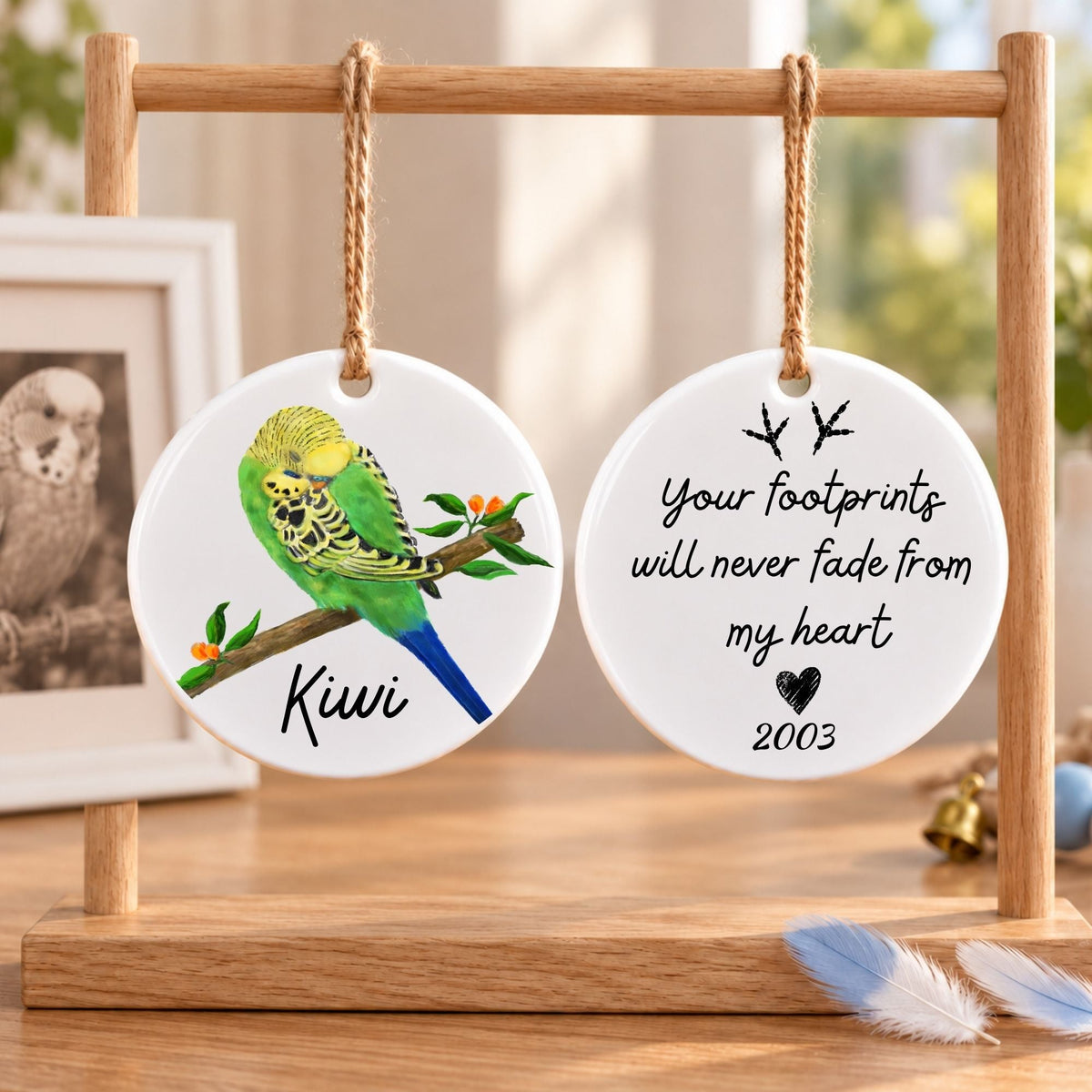 Green Budgie Ceramic Ornament - MerikaArt