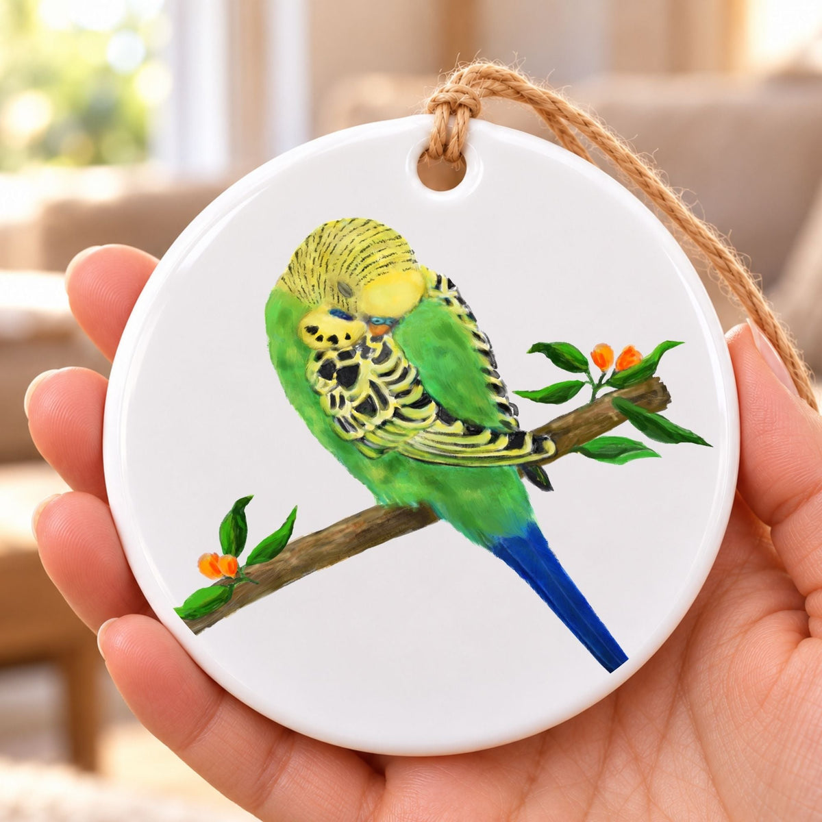 Green Budgie Ceramic Ornament - MerikaArt