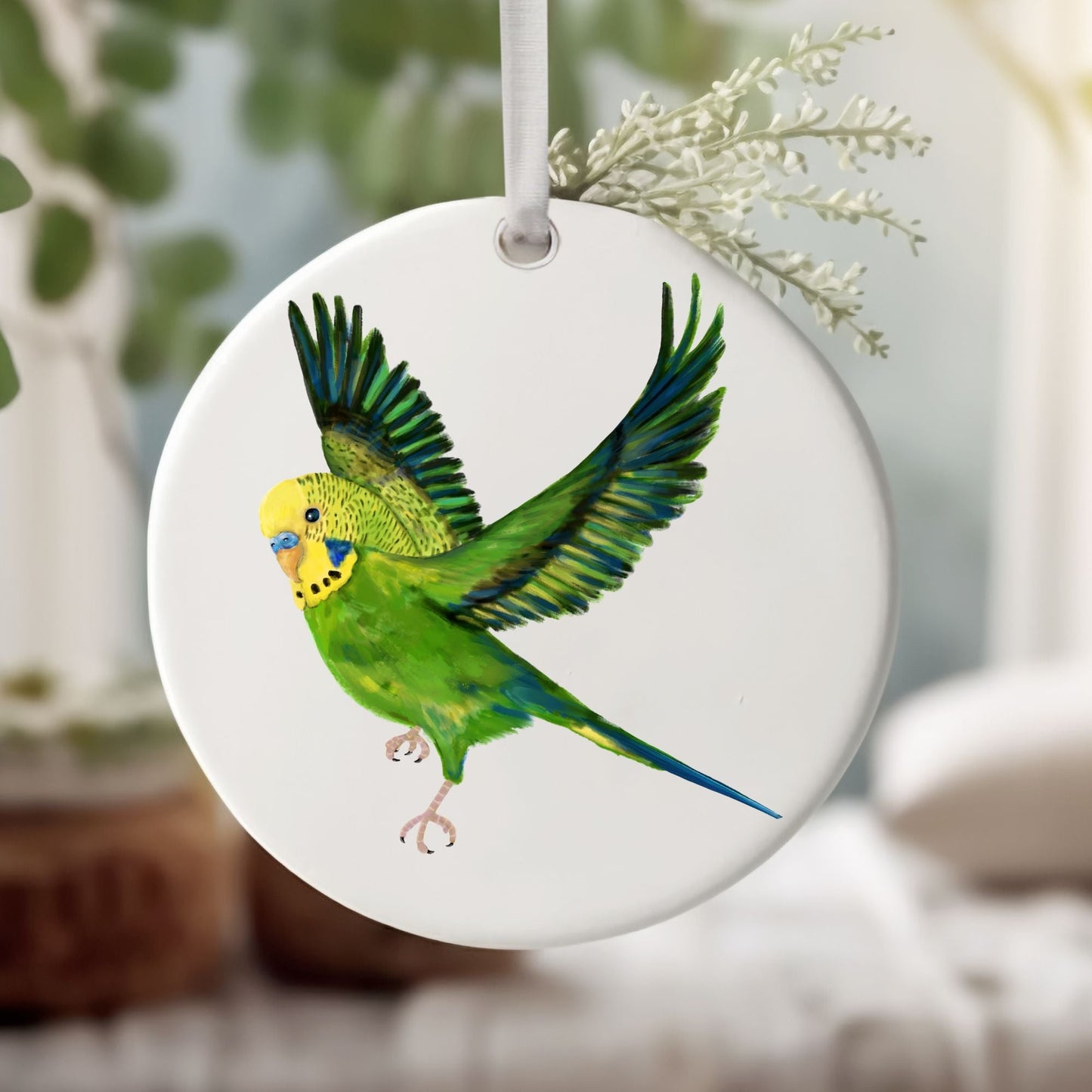 Green Budgie Ceramic Ornament - MerikaArt