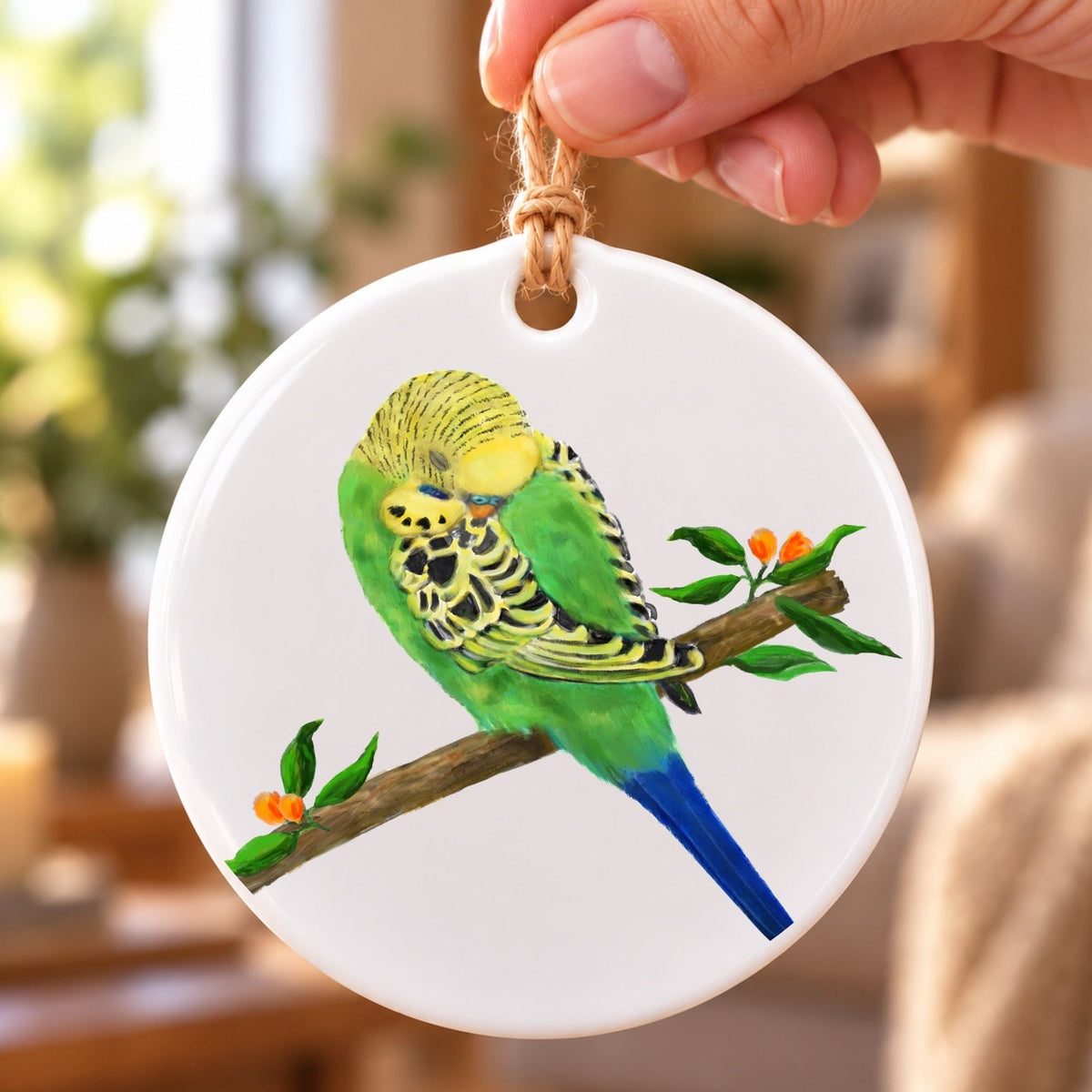 Green Budgie Ceramic Ornament - MerikaArt