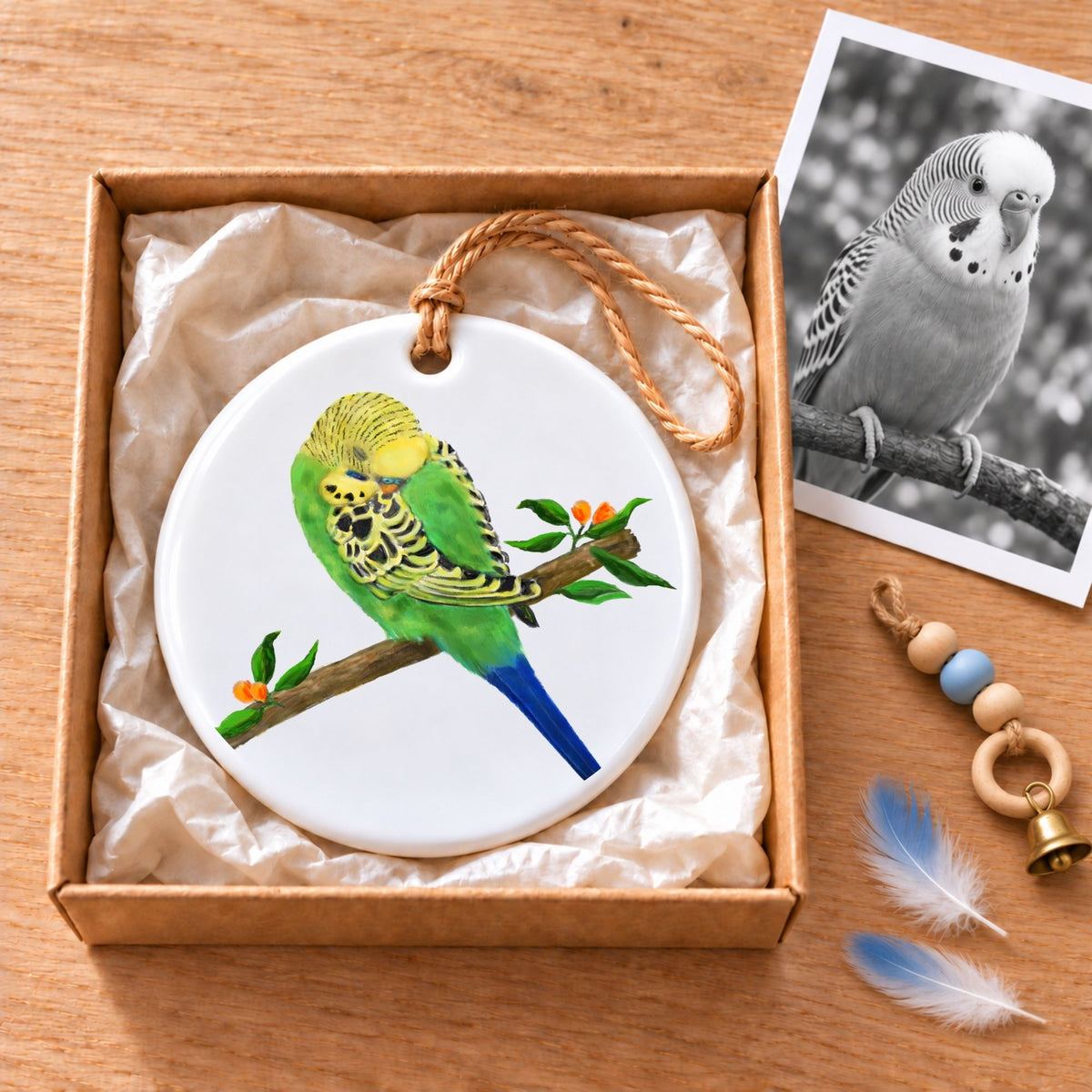 Green Budgie Ceramic Ornament - MerikaArt