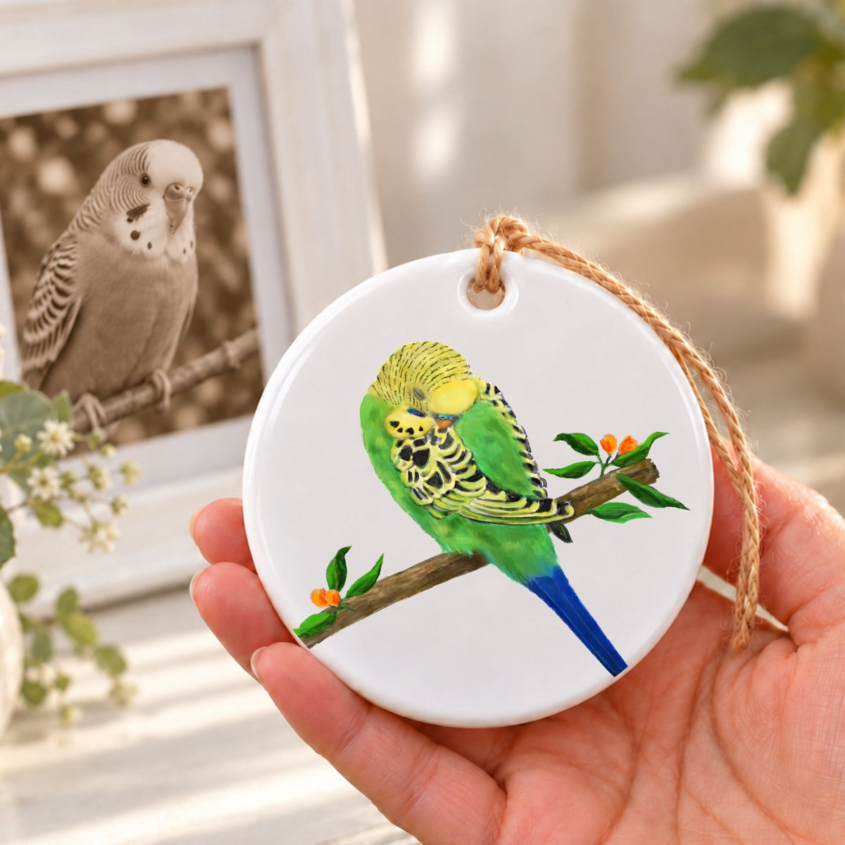 Green Budgie Ceramic Ornament - MerikaArt