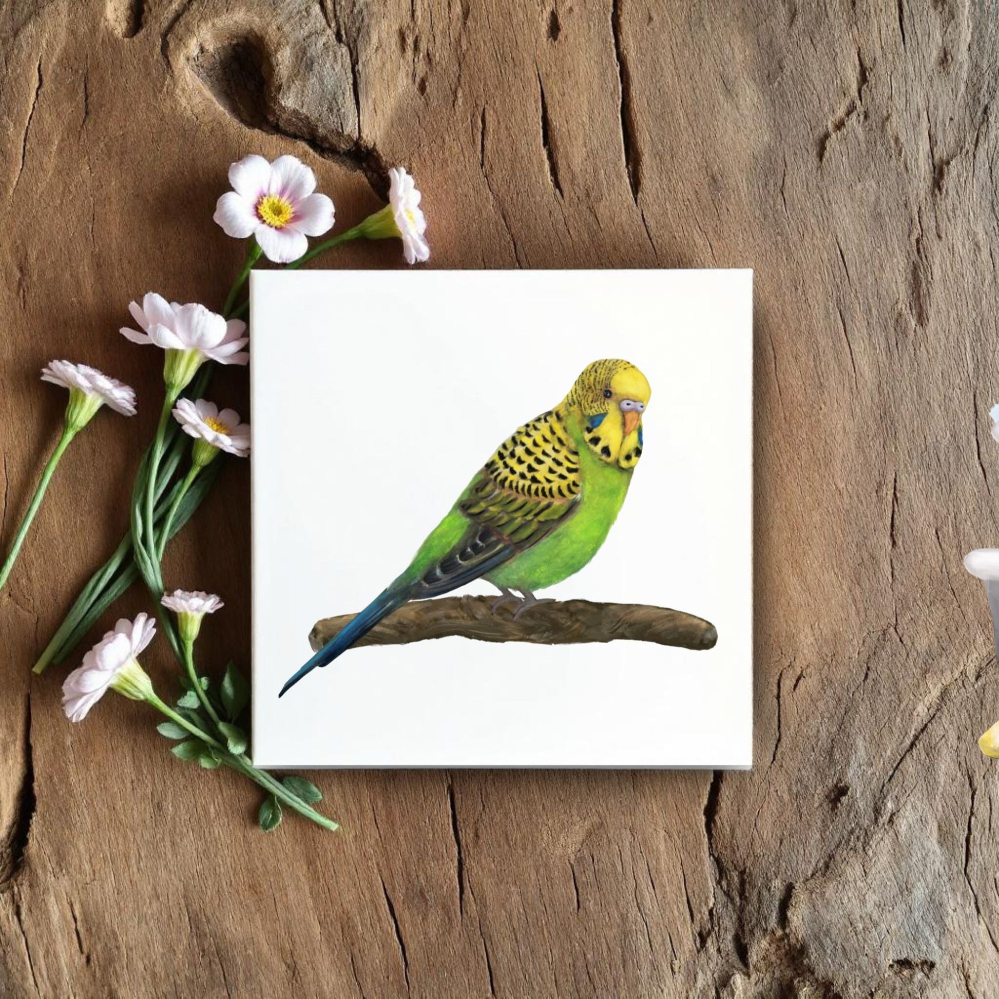 Green Budgie Ceramic Tile - MerikaArt
