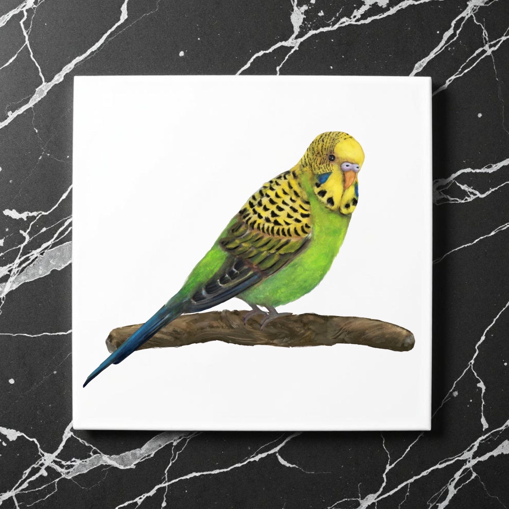 Green Budgie Ceramic Tile - MerikaArt