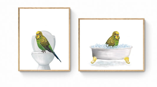 Green Budgie in Bathroom Set of 2 - MerikaArt