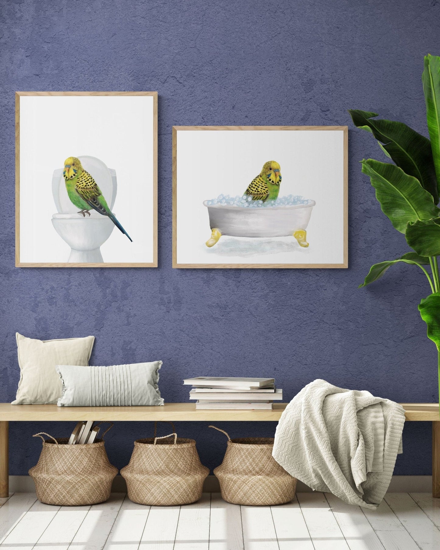 Green Budgie in Bathroom Set of 2 - MerikaArt