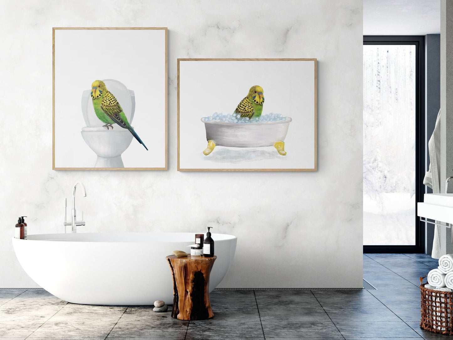 Green Budgie in Bathroom Set of 2 - MerikaArt