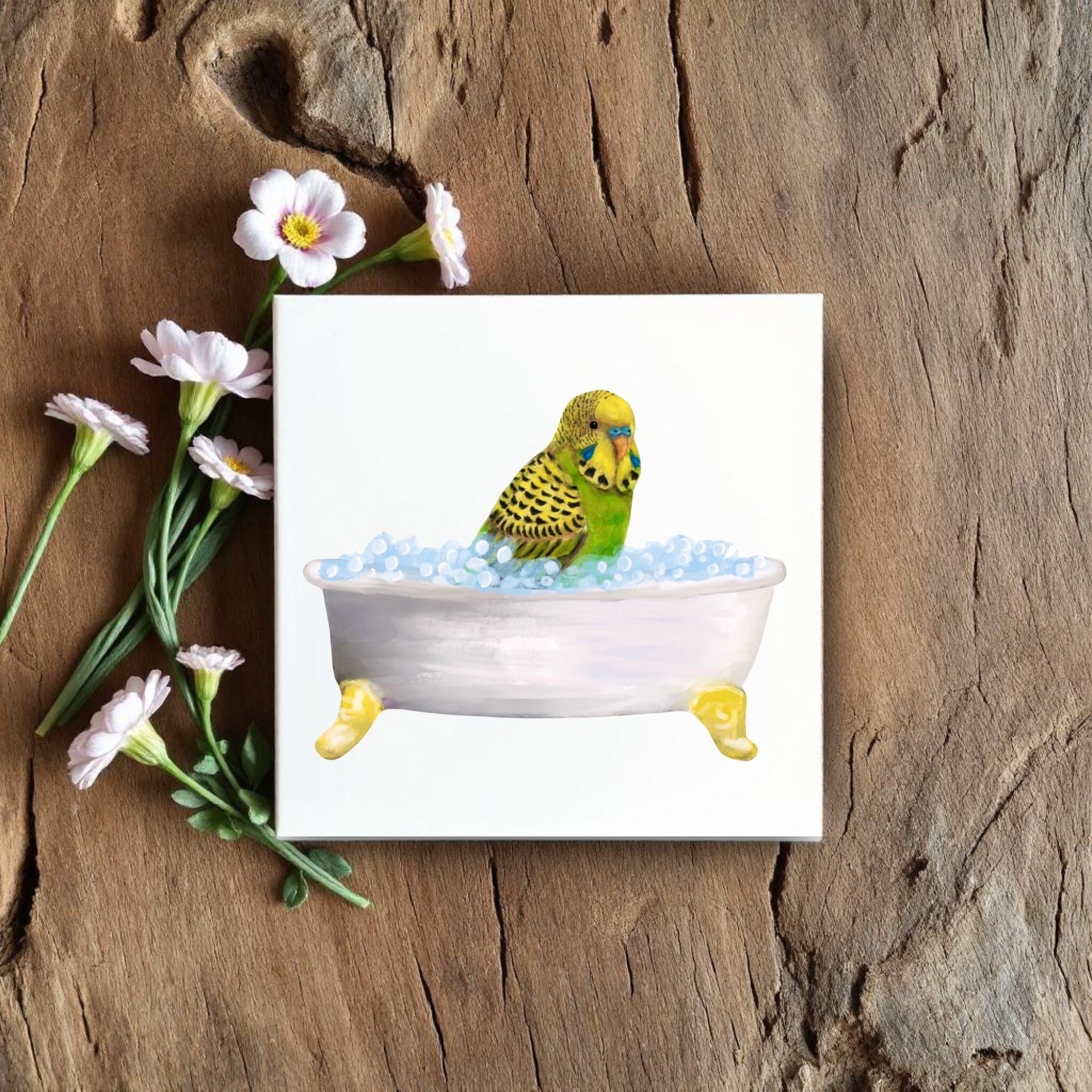 Green Budgie in Bathtub Ceramic Tile – Handcrafted Whimsical Bird Decor - MerikaArt