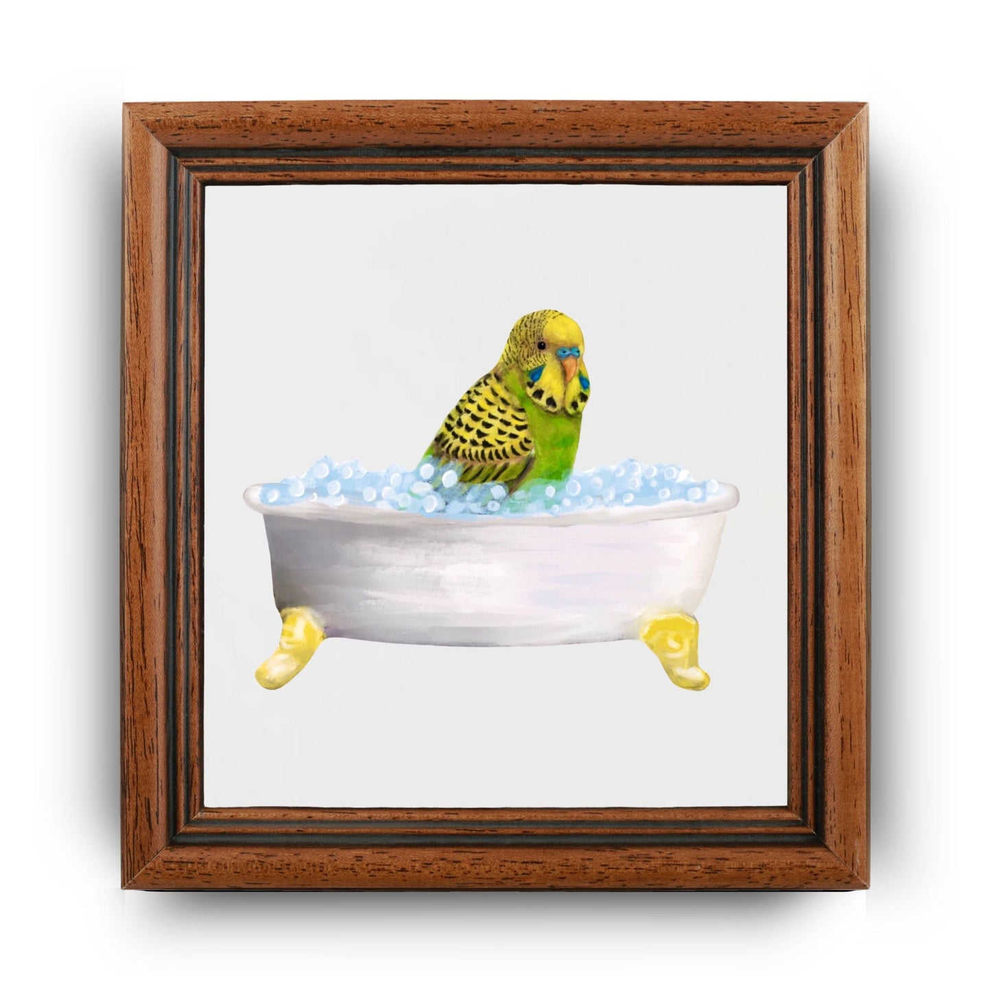 Green Budgie in Bathtub Ceramic Tile – Handcrafted Whimsical Bird Decor - MerikaArt