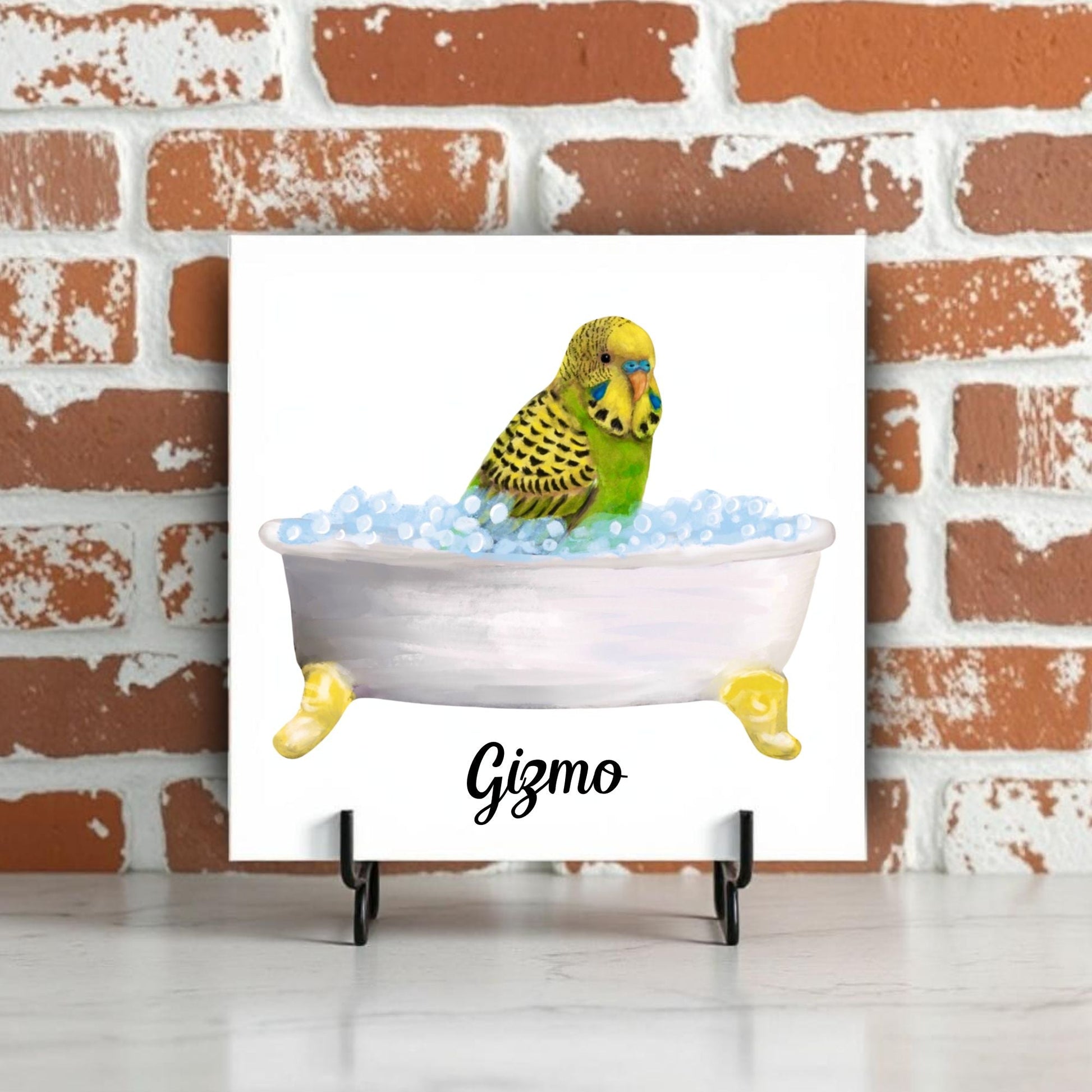 Green Budgie in Bathtub Ceramic Tile – Handcrafted Whimsical Bird Decor - MerikaArt