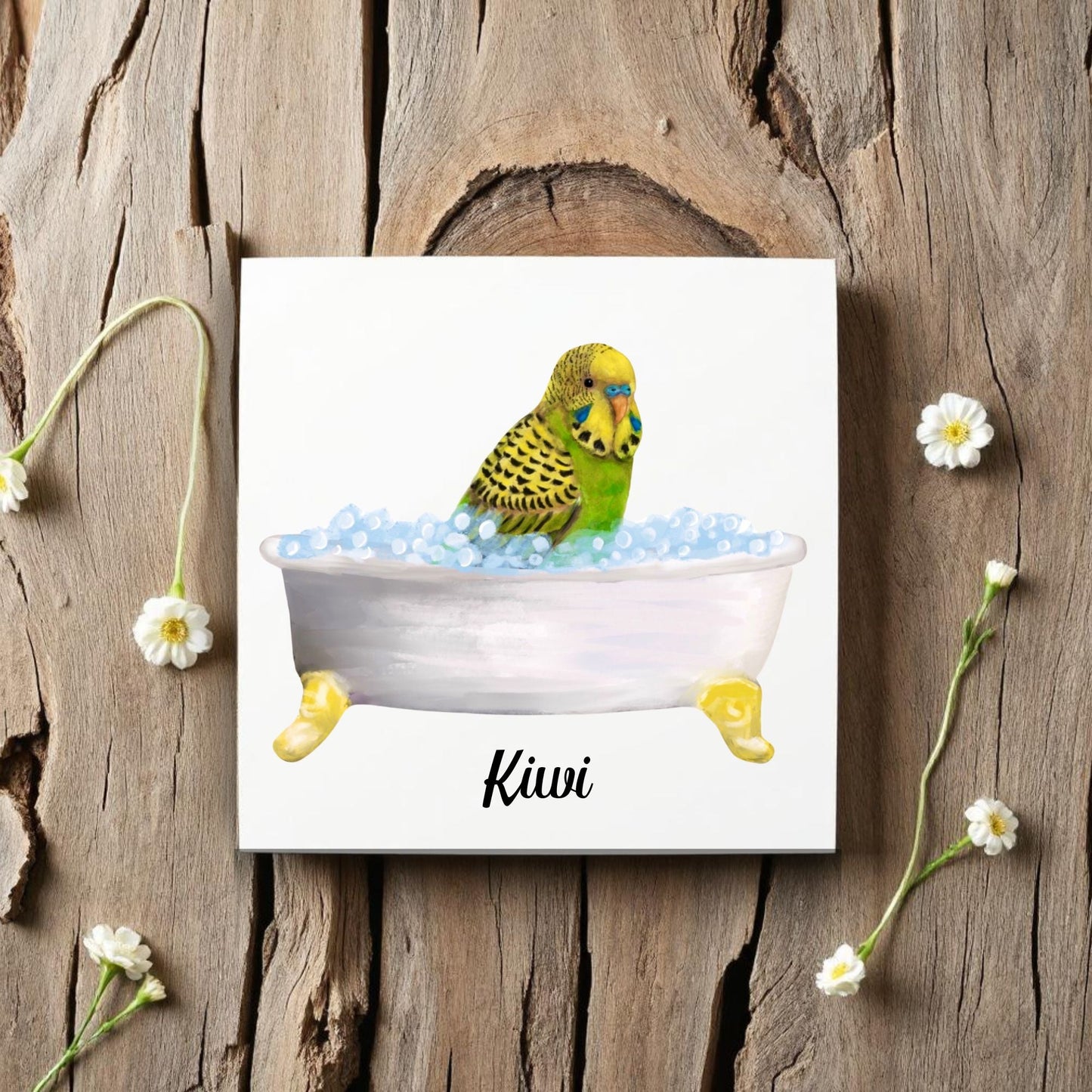 Green Budgie in Bathtub Ceramic Tile – Handcrafted Whimsical Bird Decor - MerikaArt