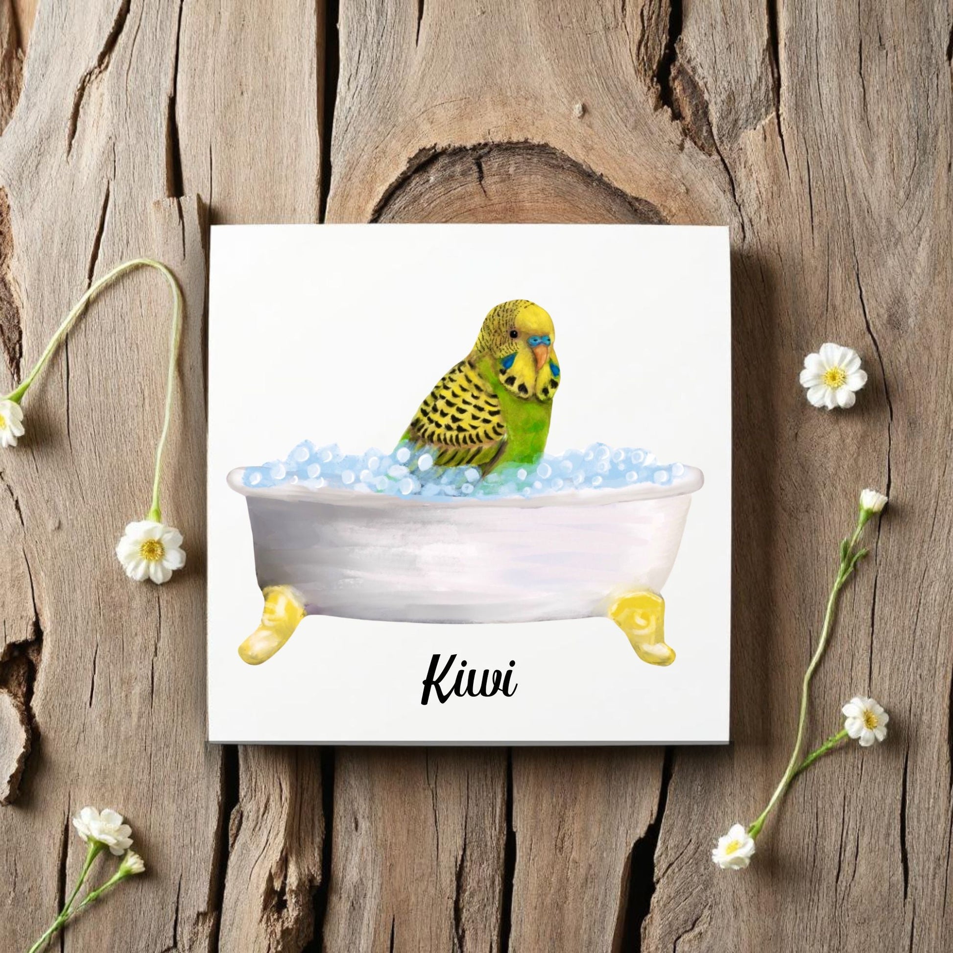 Green Budgie in Bathtub Ceramic Tile – Handcrafted Whimsical Bird Decor - MerikaArt