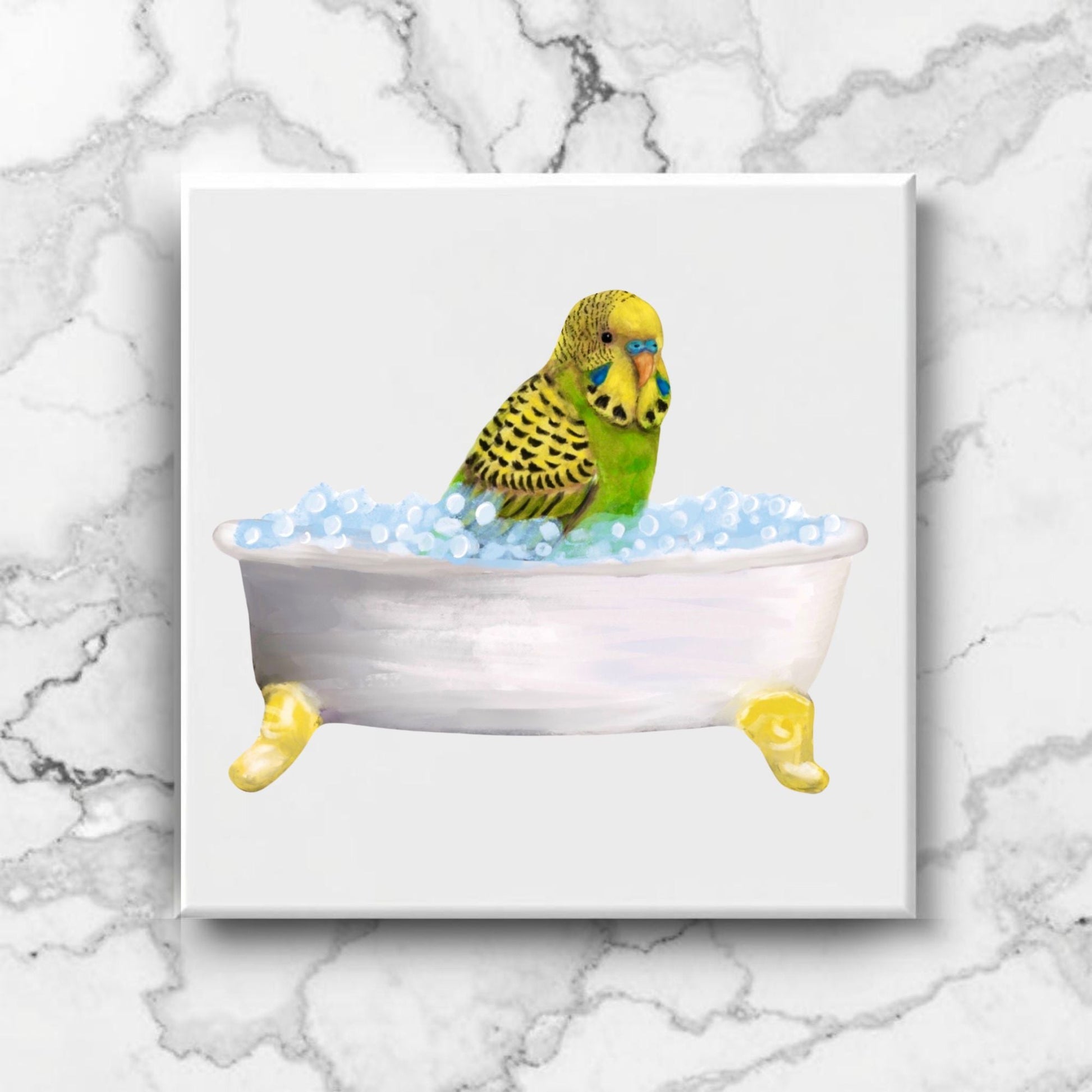 Green Budgie in Bathtub Ceramic Tile – Handcrafted Whimsical Bird Decor - MerikaArt