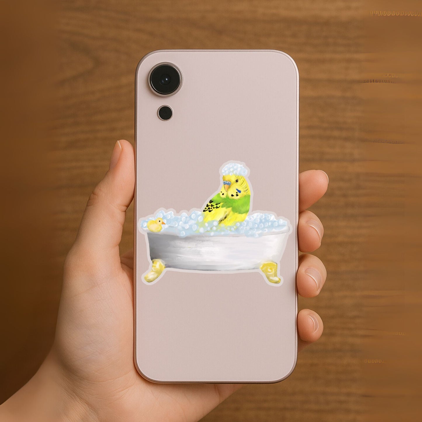 Green Budgie in Bathtub Vinyl Sticker - MerikaArt