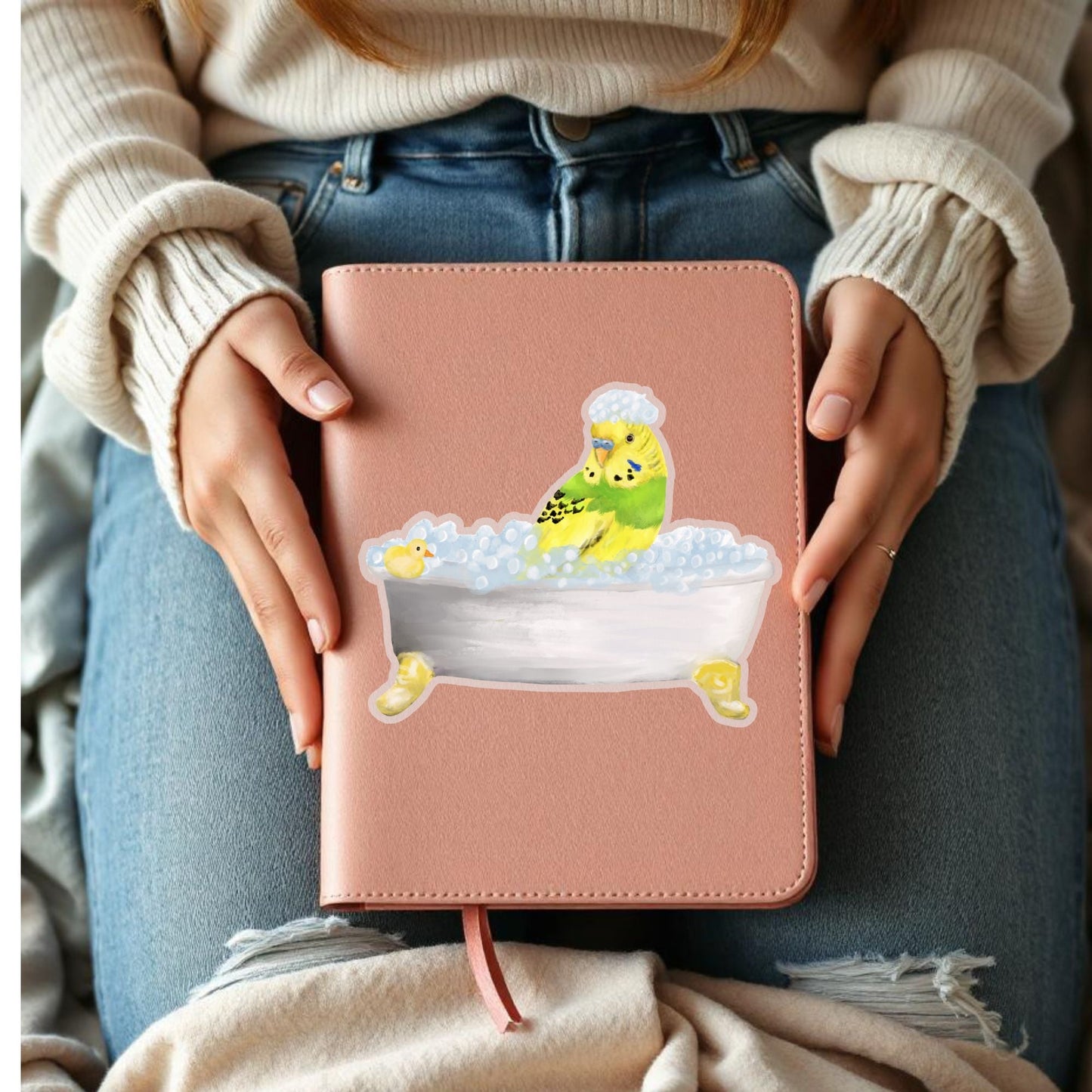 Green Budgie in Bathtub Vinyl Sticker - MerikaArt