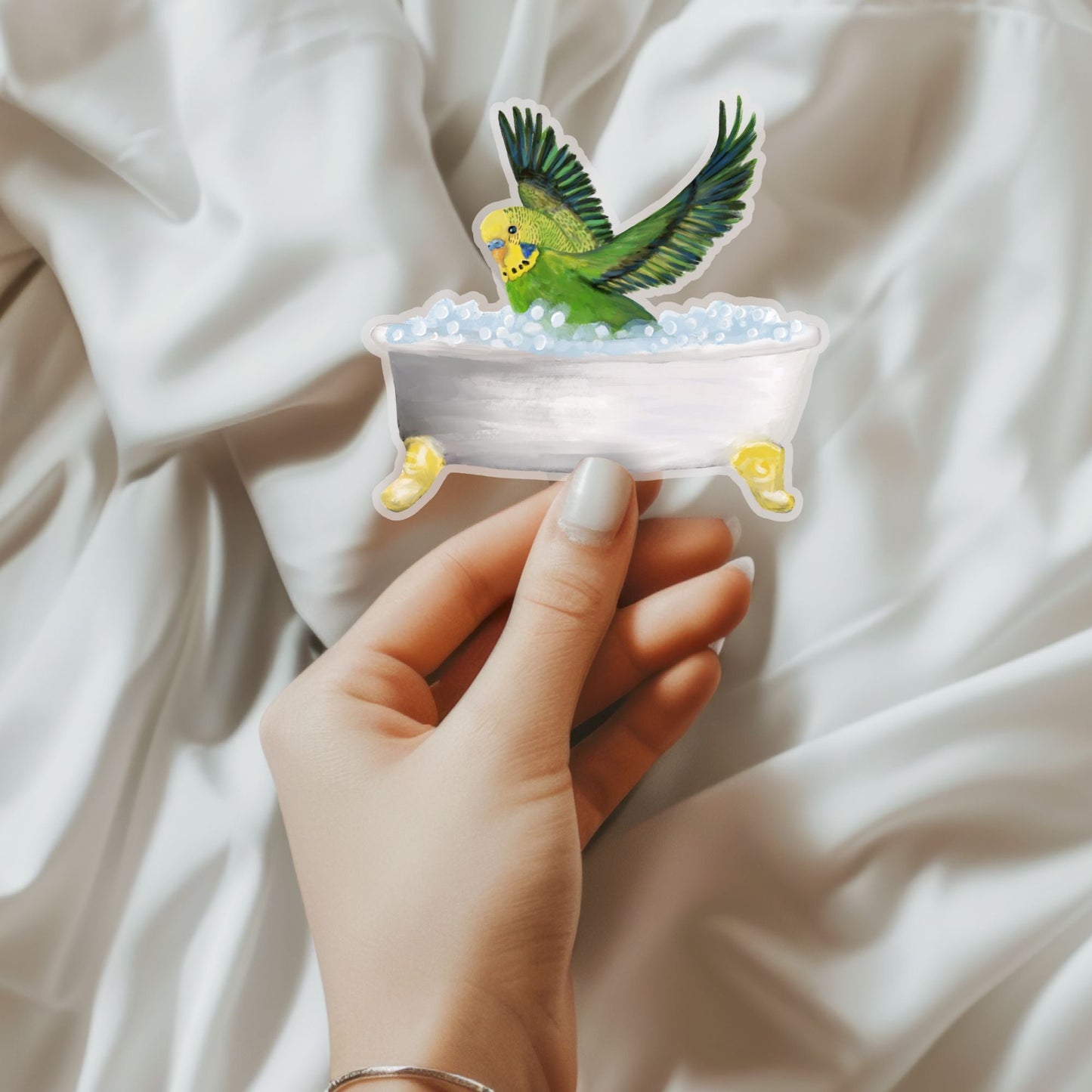 Green Budgie in Bathtub Vinyl Sticker - MerikaArt