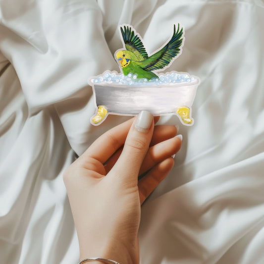 Green Budgie in Bathtub Vinyl Sticker - MerikaArt
