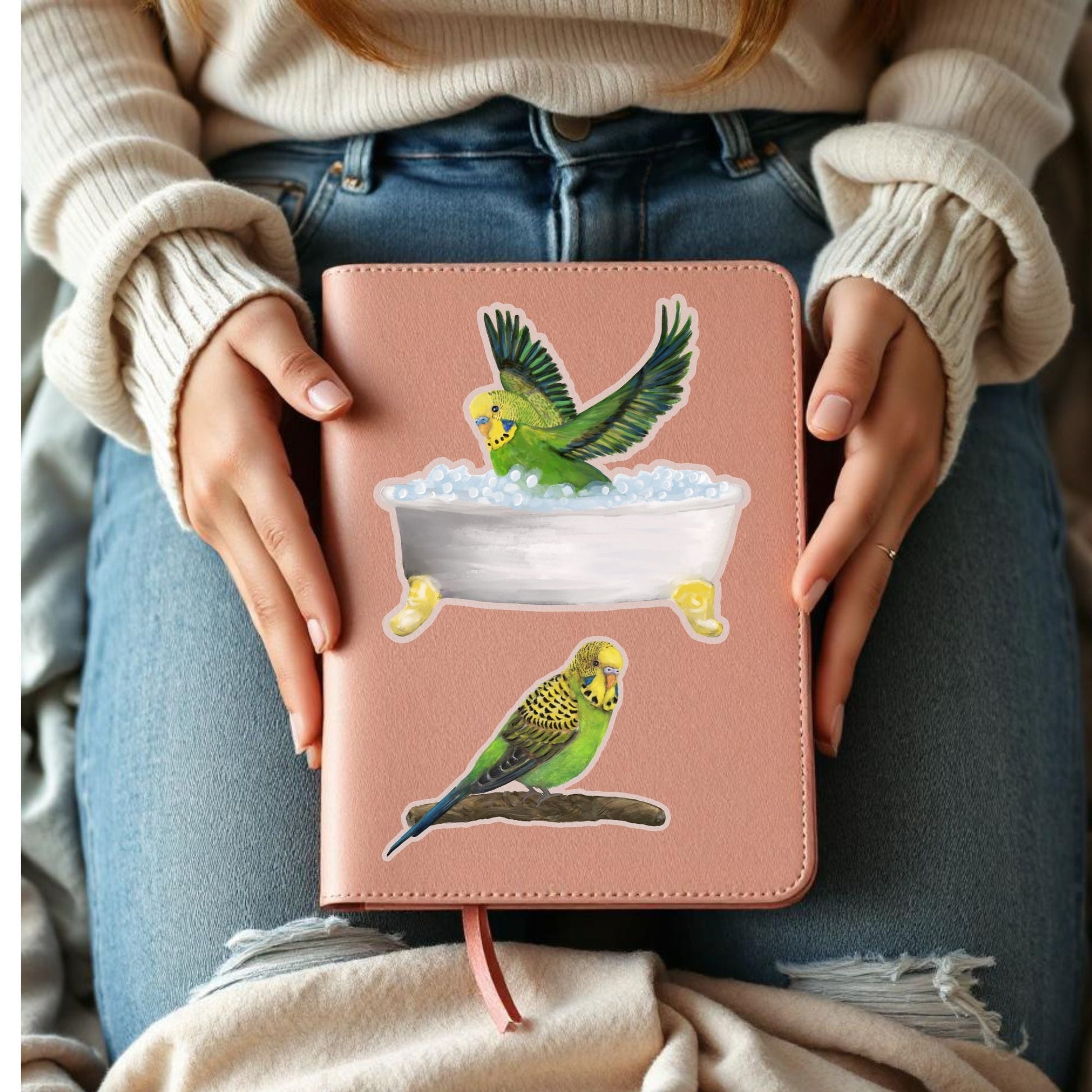 Green Budgie in Bathtub Vinyl Sticker - MerikaArt