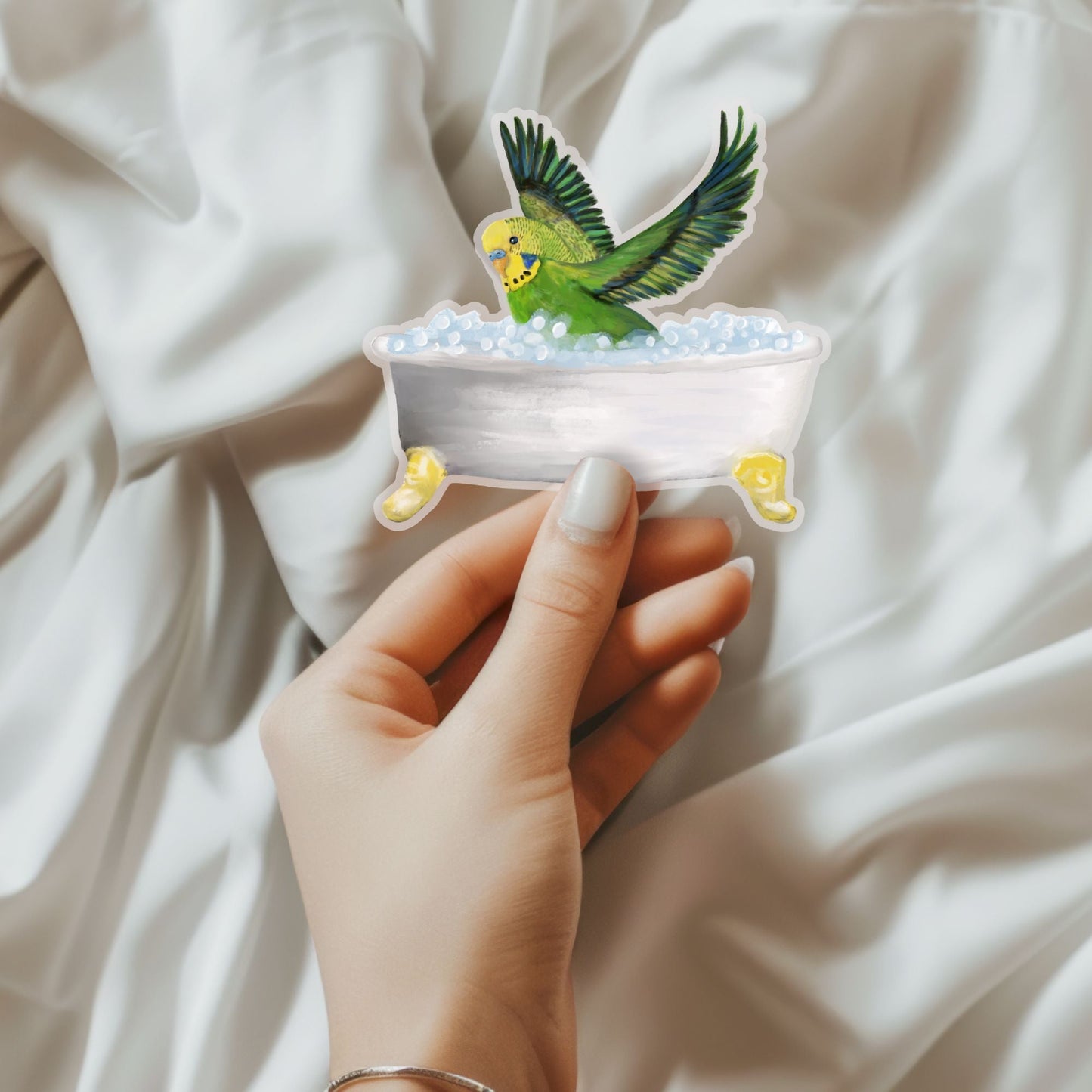 Green Budgie in Bathtub Vinyl Sticker - MerikaArt