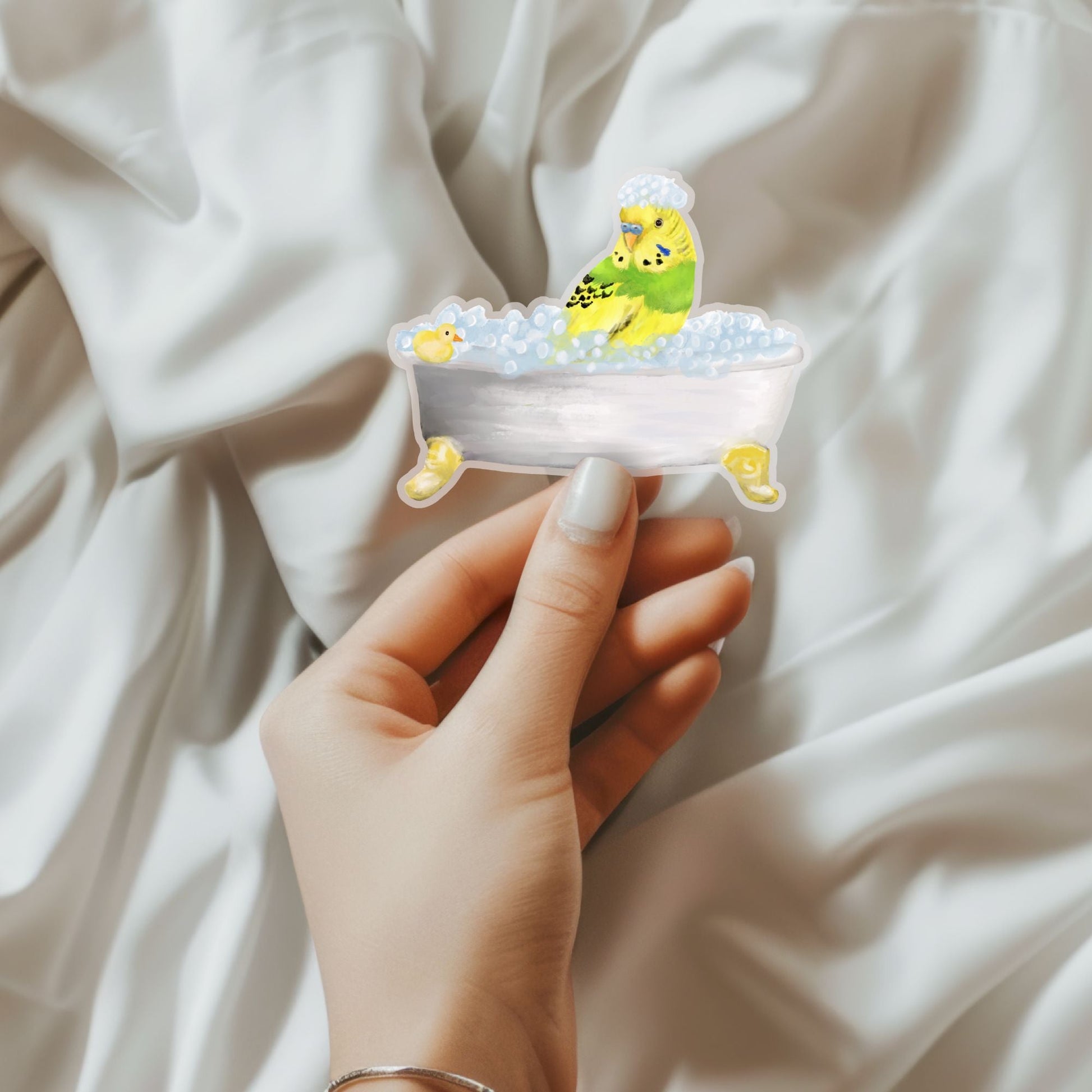 Green Budgie in Bathtub Vinyl Sticker - MerikaArt