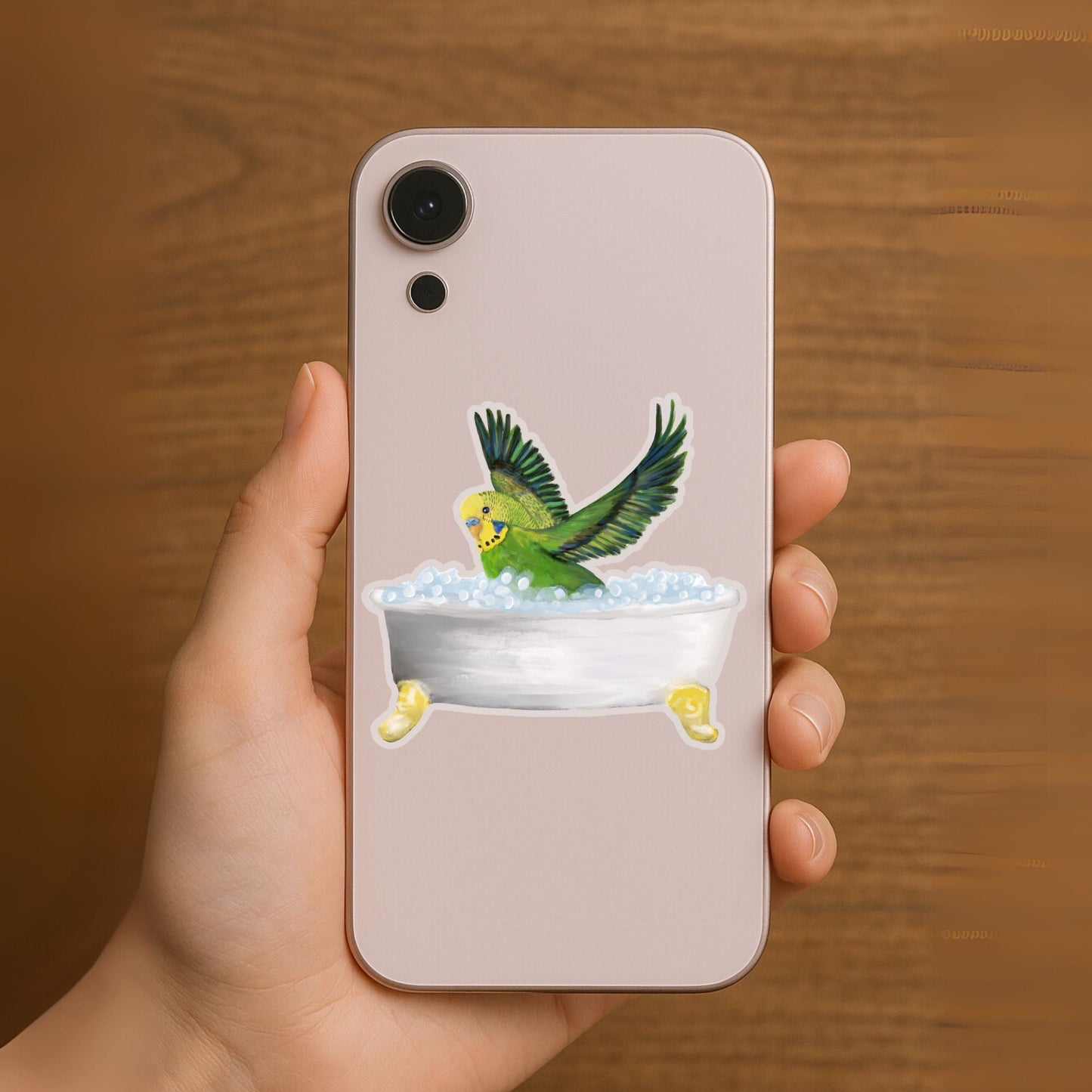 Green Budgie in Bathtub Vinyl Sticker - MerikaArt