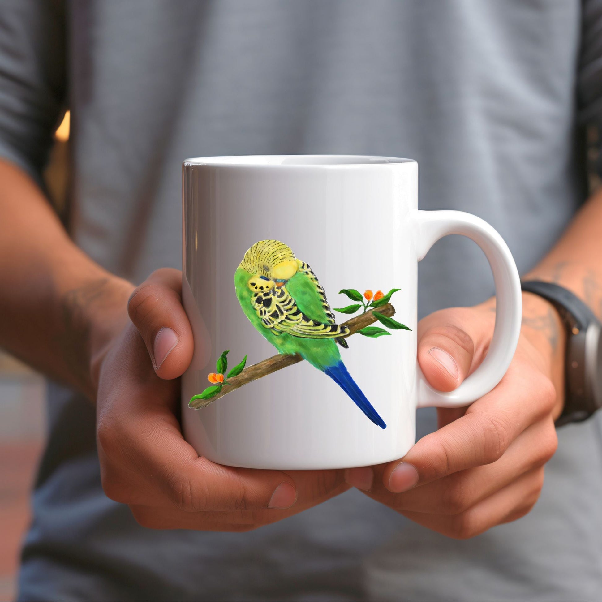 Green Budgie Mug - MerikaArt