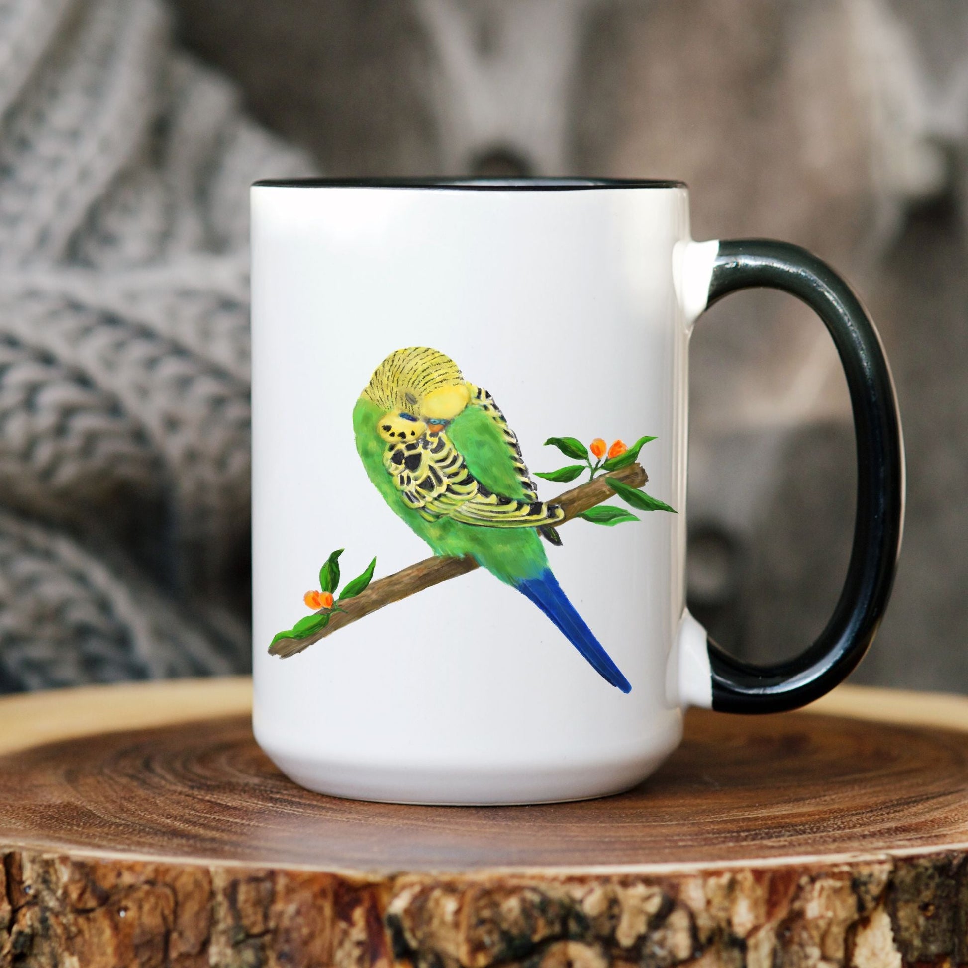 Green Budgie Mug - MerikaArt