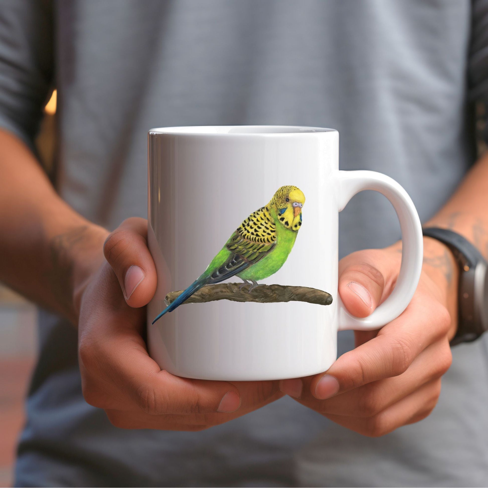 Green Budgie Mug - MerikaArt