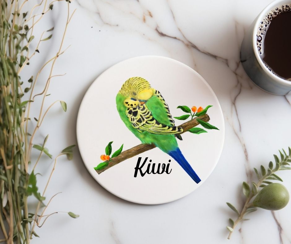 Green Budgie on Branch Ceramic Coaster - MerikaArt