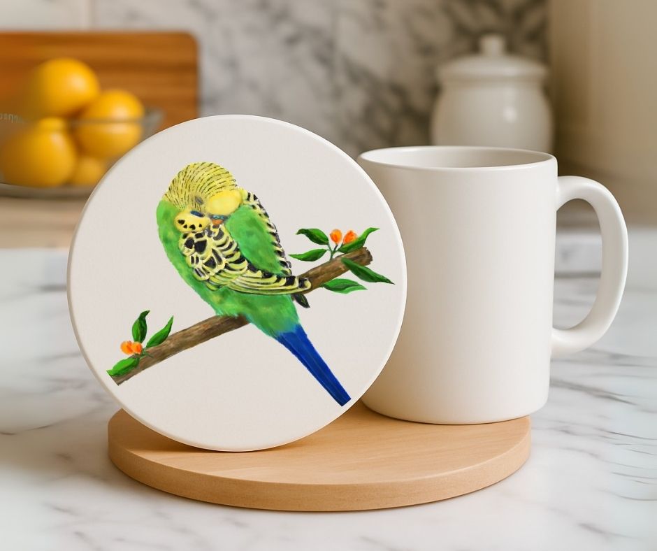 Green Budgie on Branch Ceramic Coaster - MerikaArt