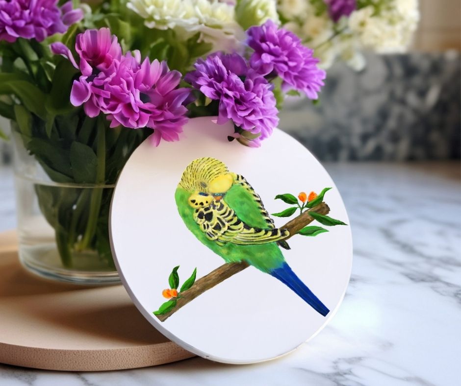 Green Budgie on Branch Ceramic Coaster - MerikaArt
