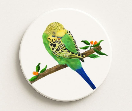 Green Budgie on Branch Ceramic Coaster - MerikaArt