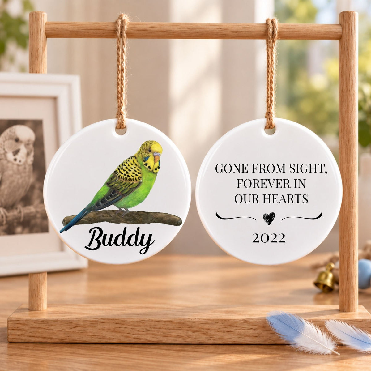 Green Budgie on Branch Ceramic Ornament - MerikaArt